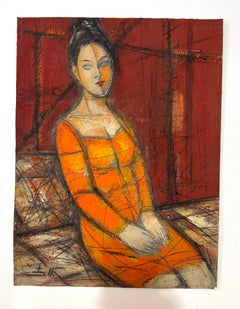 Retrato de mujer en naranja Pintura al óleo original Única