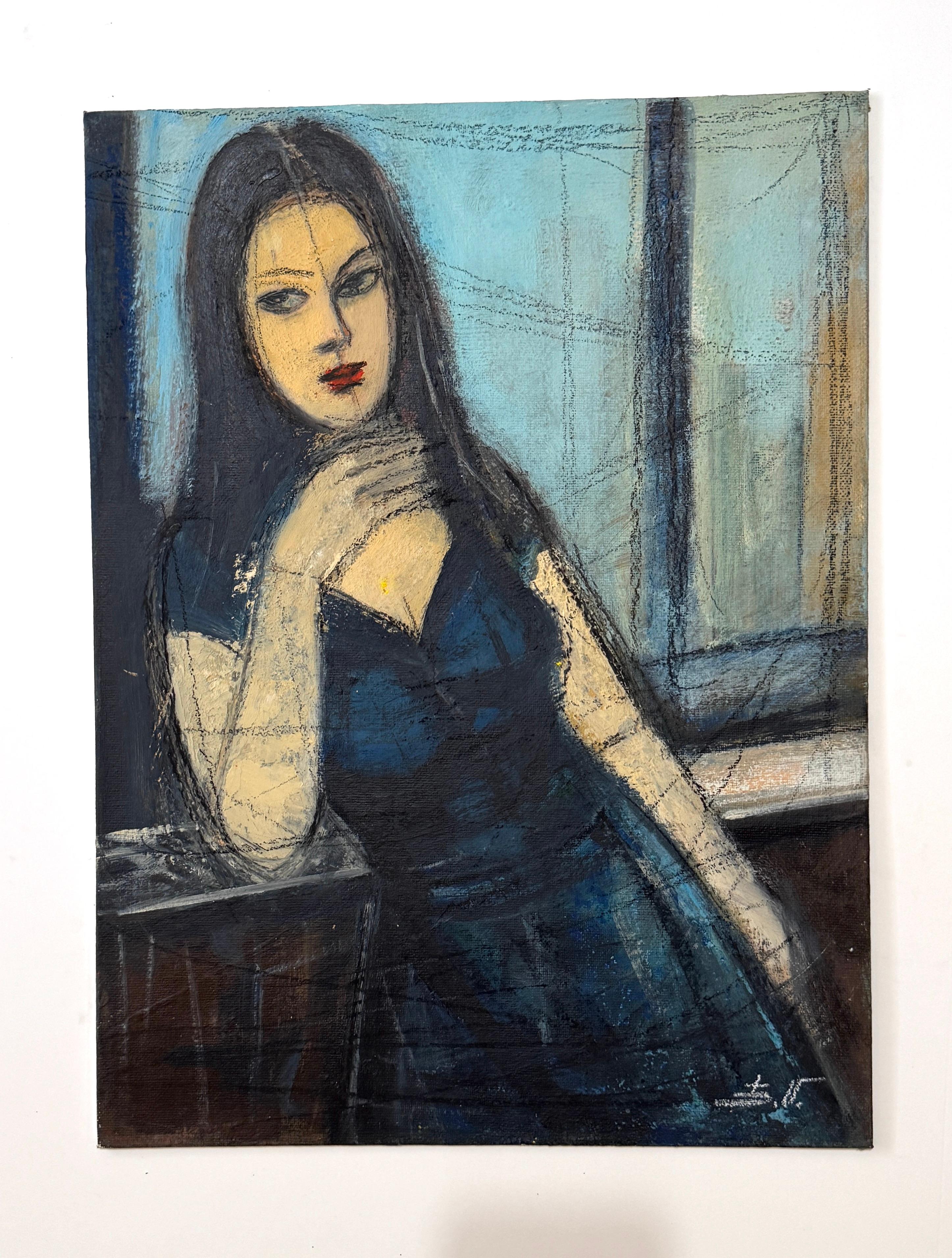 Retrato de Mujer en Añil Arte Contemporáneo Pintura al Óleo Original Única - Painting de Eduard Matevosyan