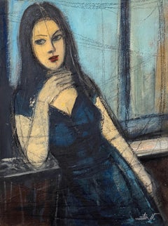 Retrato de Mujer en Añil Arte Contemporáneo Pintura al Óleo Original Única