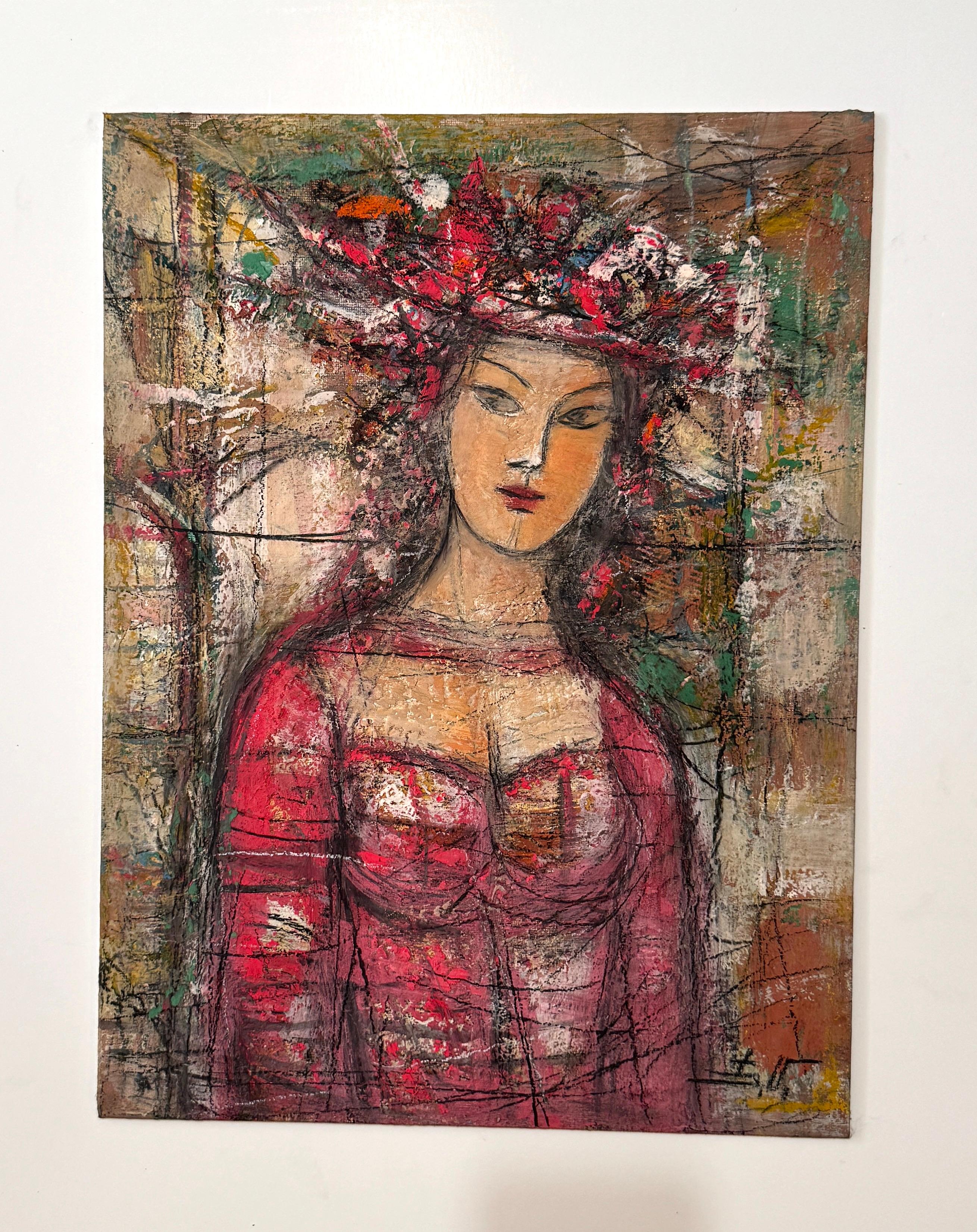 Women in Red Portrait Contemporary Art Original oil Painting One of a Kind - Brown Portrait Painting by Eduard Matevosyan