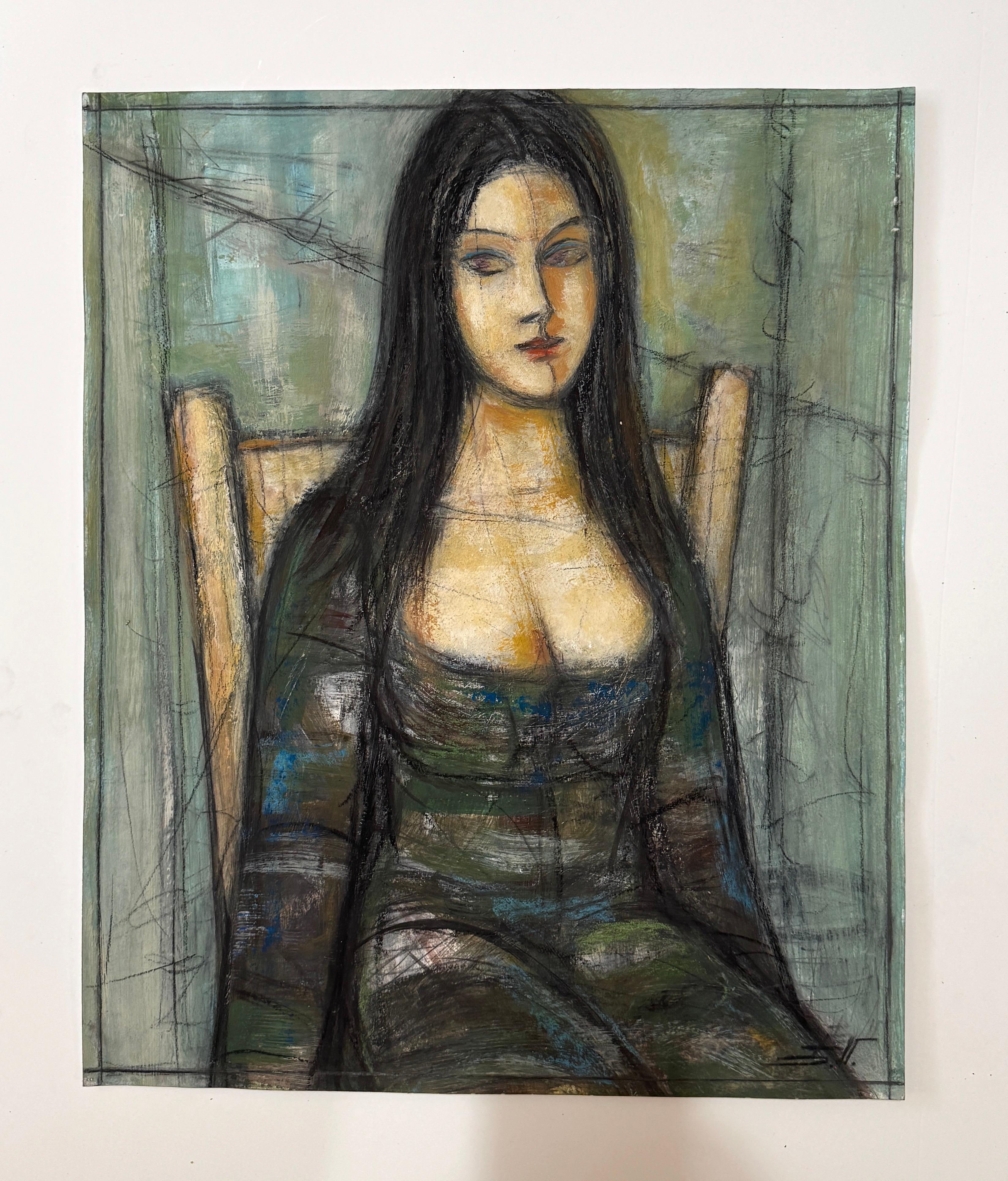 Women Portrait Figurative art Original oil Painting One of a Kind - Gray Figurative Painting by Eduard Matevosyan