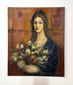 Women with Flowers Portrait Original oil Painting One of a Kind