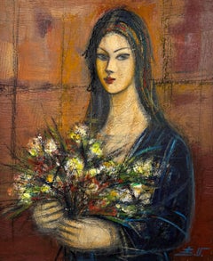 Donna con fiori Ritratto Pittura ad olio originale Un tipo di dipinto