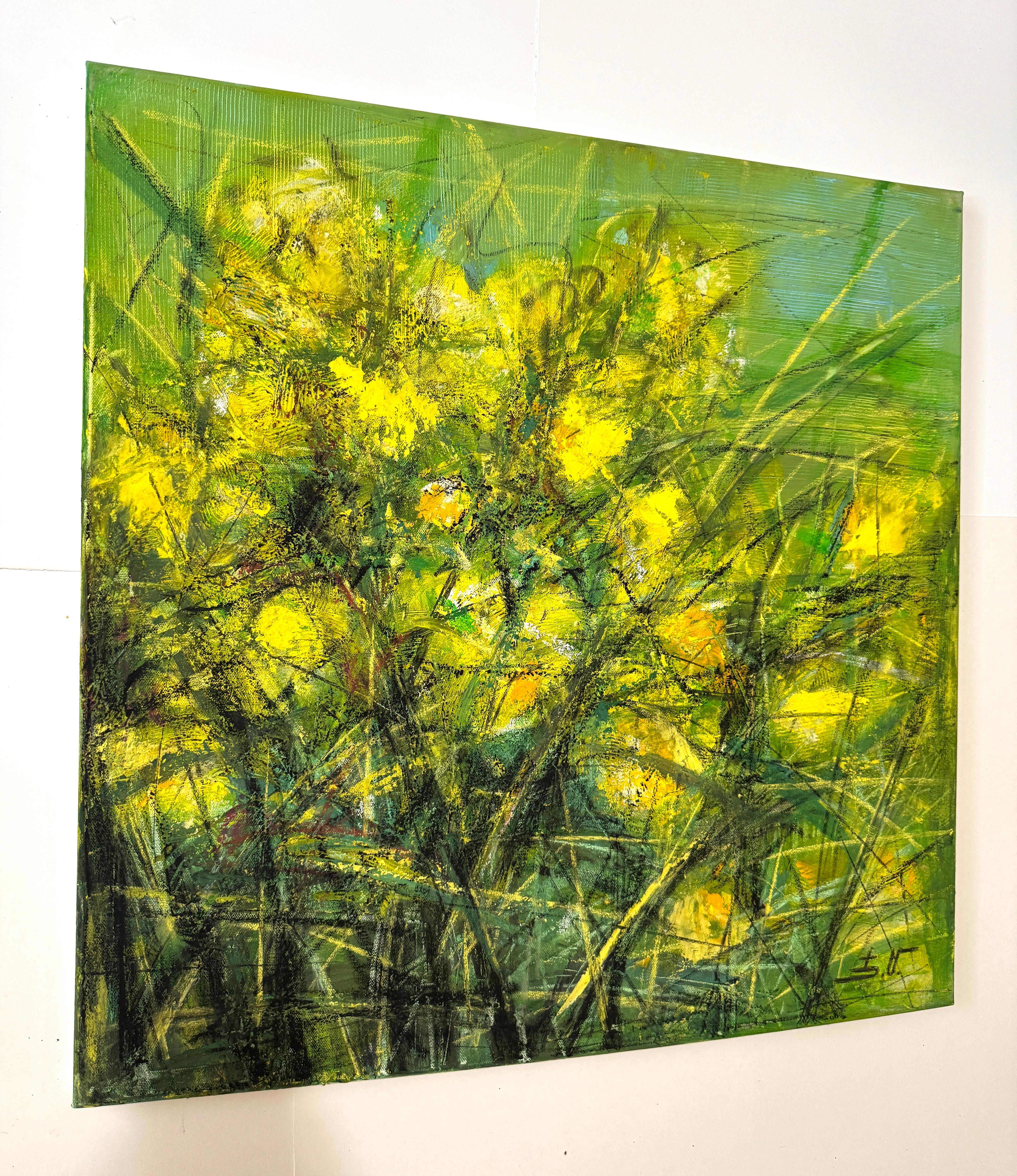 Yellow Serenity Flowers Impressionism Original oil Painting Ready to Hang - Green Landscape Painting by Eduard Matevosyan