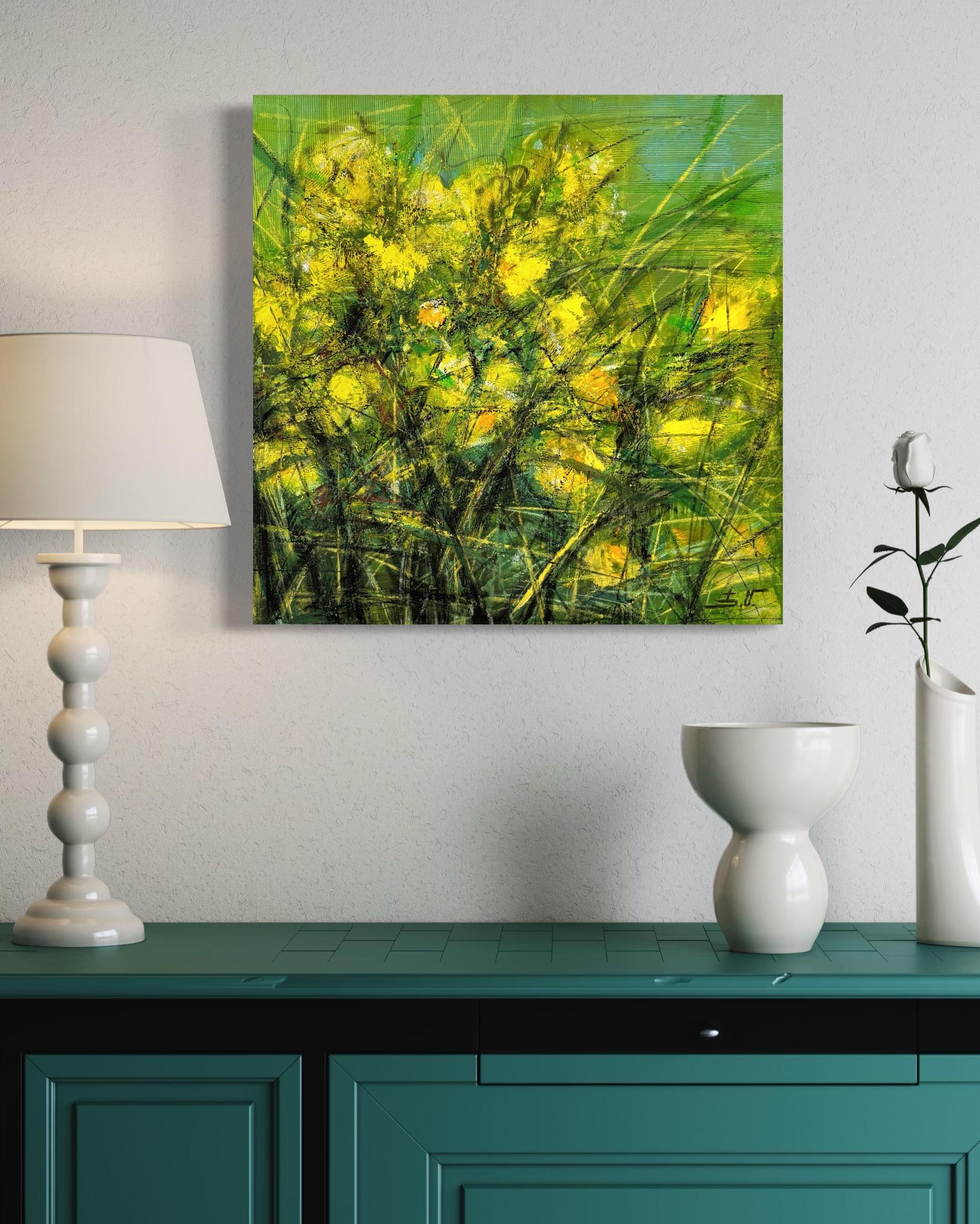 Yellow Serenity Flowers Impressionism Original oil Painting Ready to Hang For Sale 5