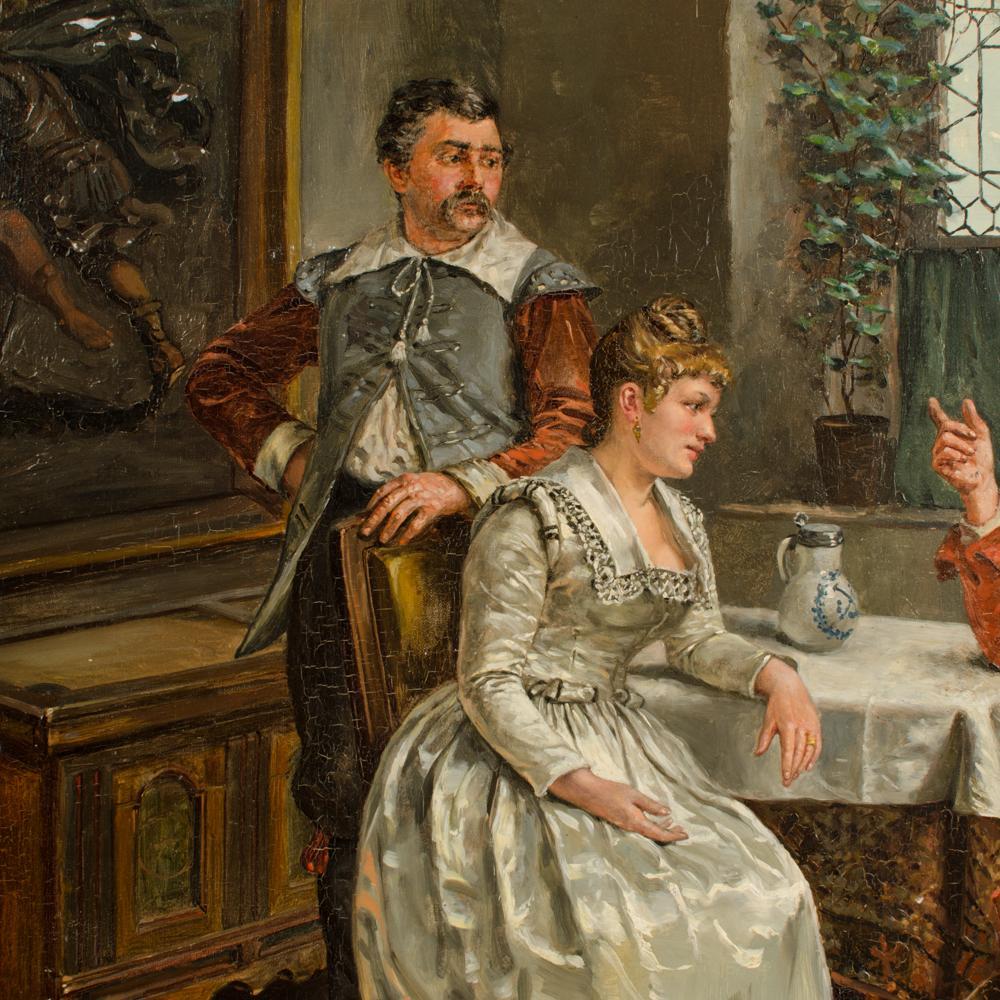 A highly detailed interior genre scene depicting a man and lady seated at a table with another gentleman standing behind them.  Signed lower right- Unframed
