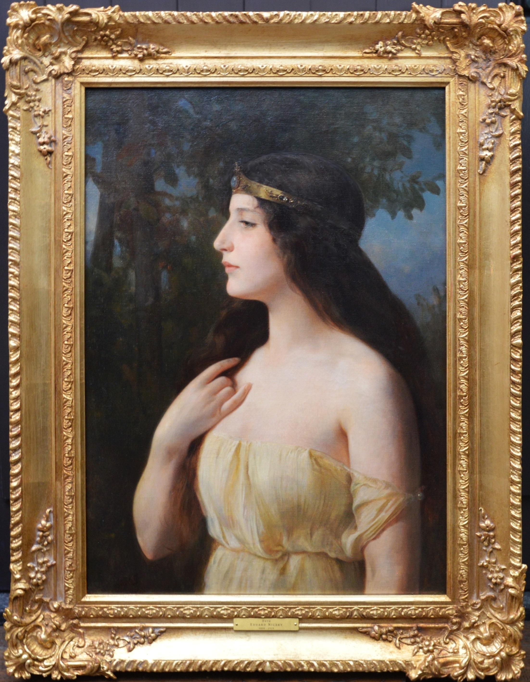 ‘Hera’ by Eduard Niczky (1850-1919). 

The painting - which depicts the Greek queen of the gods in golden diadem and yellow robe - is signed by the artist and hangs in a newly commissioned, bespoke gold metal leaf frame.

All our paintings are sold