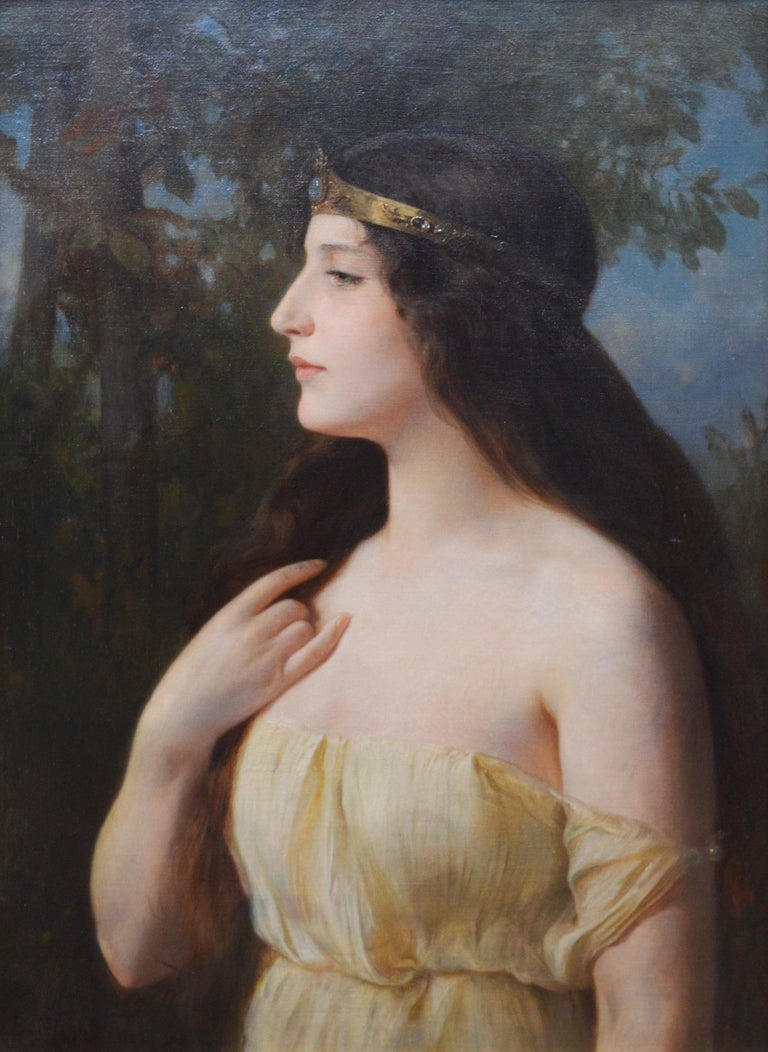 ‘Hera’ by Eduard Niczky (1850-1919). A fine 19th century neoclassical portrait of the Greek queen of the gods depicted in her golden diadem and yellow robe. The painting is signed by the artist and hangs in a newly commissioned, bespoke gold metal