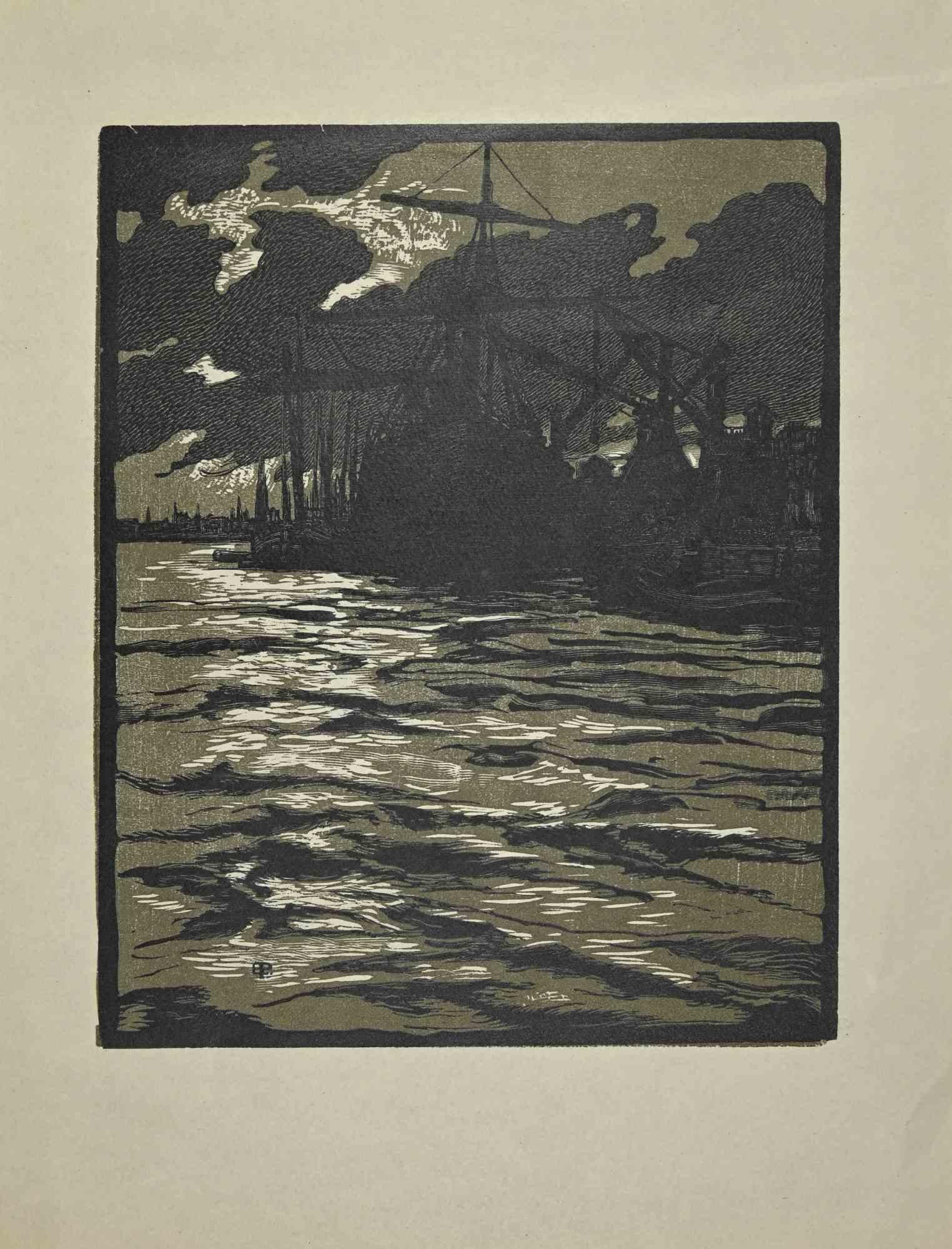 Boats on the River is an artwork realized by Eduard Pellens (1872-1947) in 1907.

Woodcut print.

Good condition.