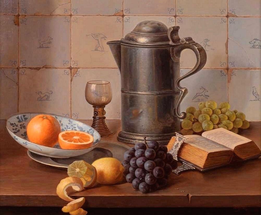 Stillleben – Obst, Buch & Tankard, feines klassisches niederländisches Gemälde, Öl auf Leinwand – Painting von Eduard Peter Moleveld
