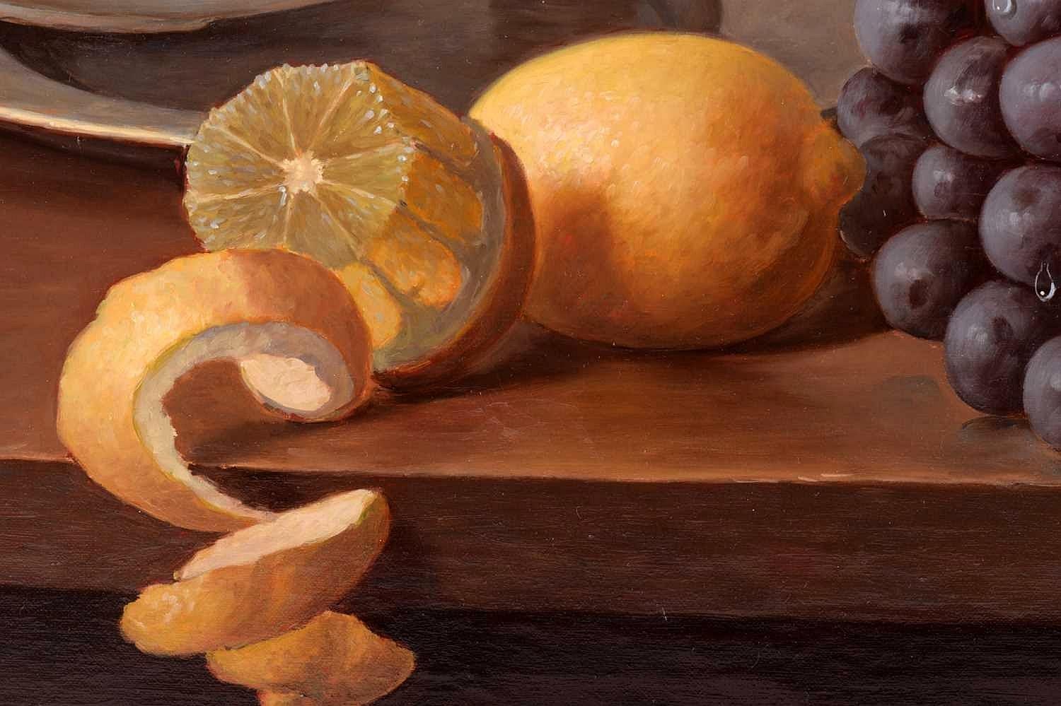 This beautiful oil on canvas still life by Dutch artist Eduard Peter Moleveld depicts fruits, a tankard and open book on a table.

A whole and half sliced orange sit within a Delft bowl, whilst a half peeled lemon rests on the edge of the table. Two