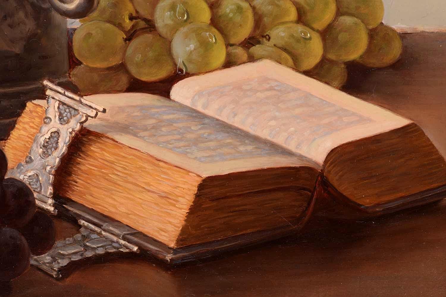Still Life - Fruit, Book & Tankard Fine Classical Dutch Oil on Canvas Painting For Sale 2