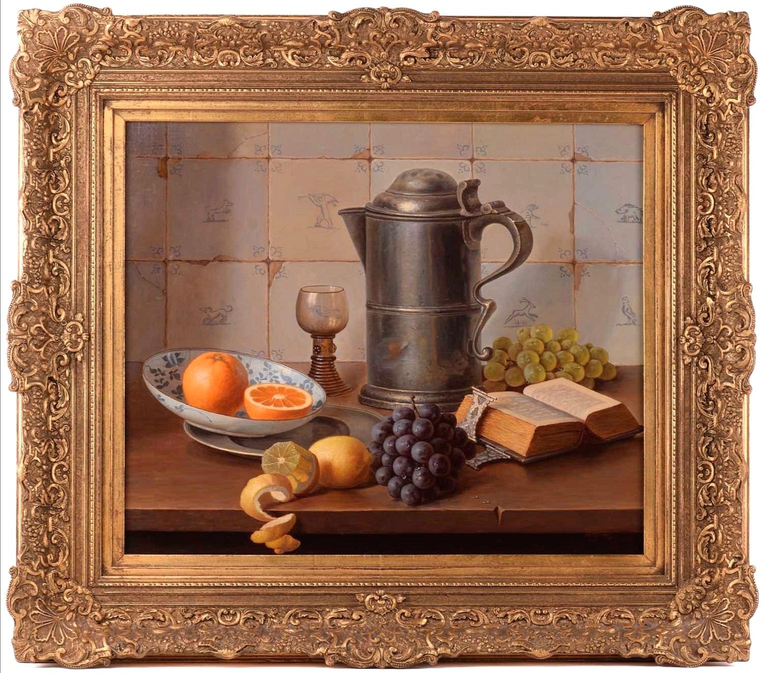 Eduard Peter Moleveld Still-Life Painting – Stillleben – Obst, Buch & Tankard, feines klassisches niederländisches Gemälde, Öl auf Leinwand
