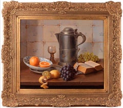 Vintage Still Life - Fruit, Book & Tankard Fine Classical Dutch Oil on Canvas Painting