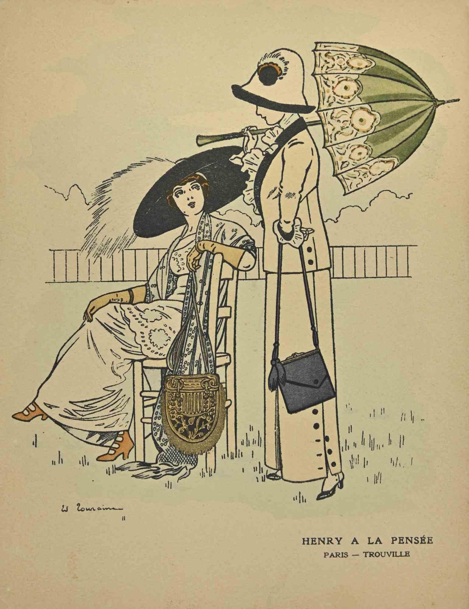 Ladies in the Wind  is a print realized by Eduard Touraire in the early 20th century.

Lithograph on paper.

Signed on the plate.

Good conditions.

Beautiful delicate artwork represents ladies in early 20th-century costumes by mastery.