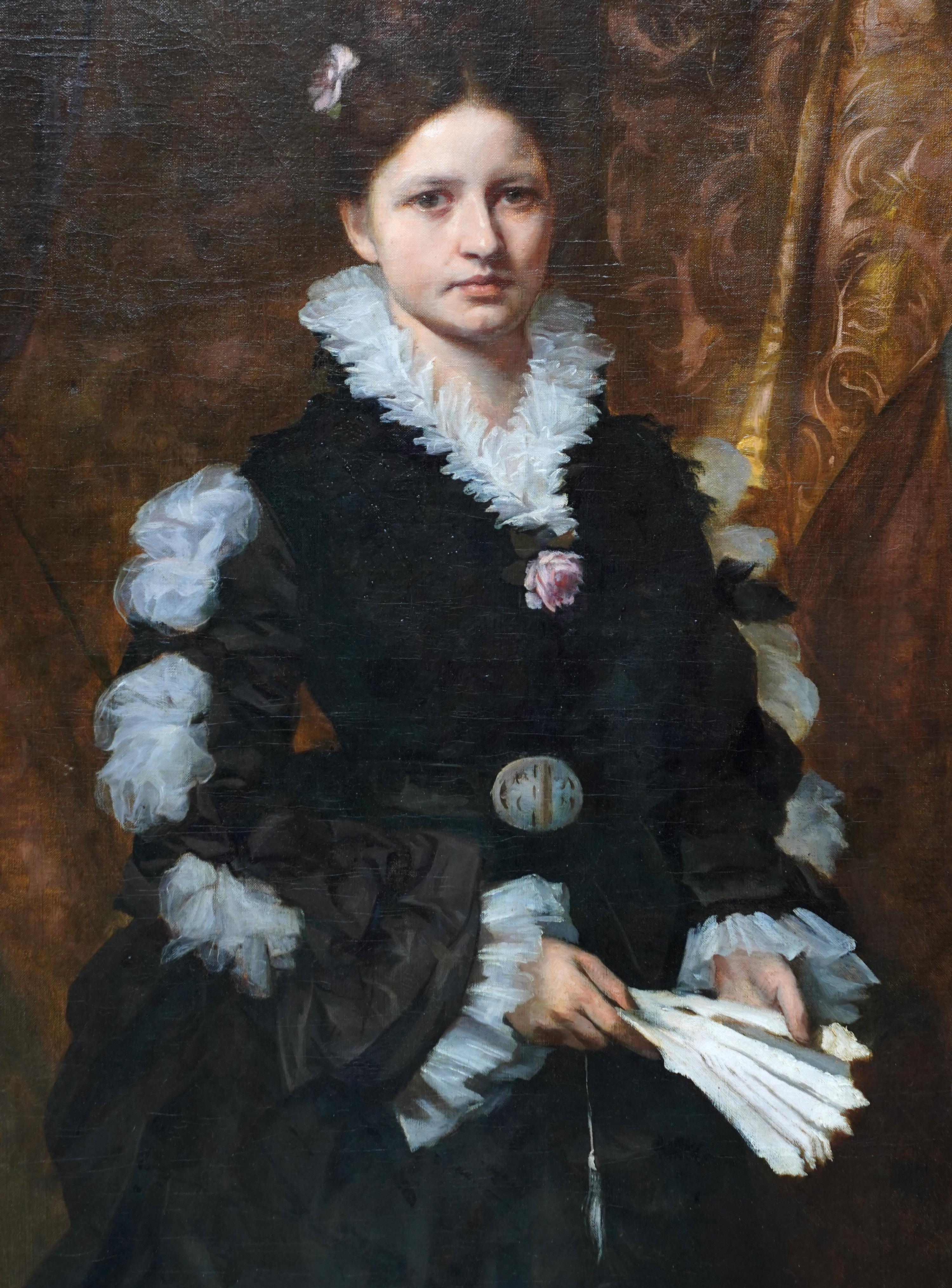 Ce magnifique grand portrait à l'huile est l'œuvre du célèbre portraitiste autrichien Eduard Veith. Peint vers 1890, il s'agit d'un portrait debout de trois quarts de la longueur d'une élégante dame de la société viennoise. Les influences du