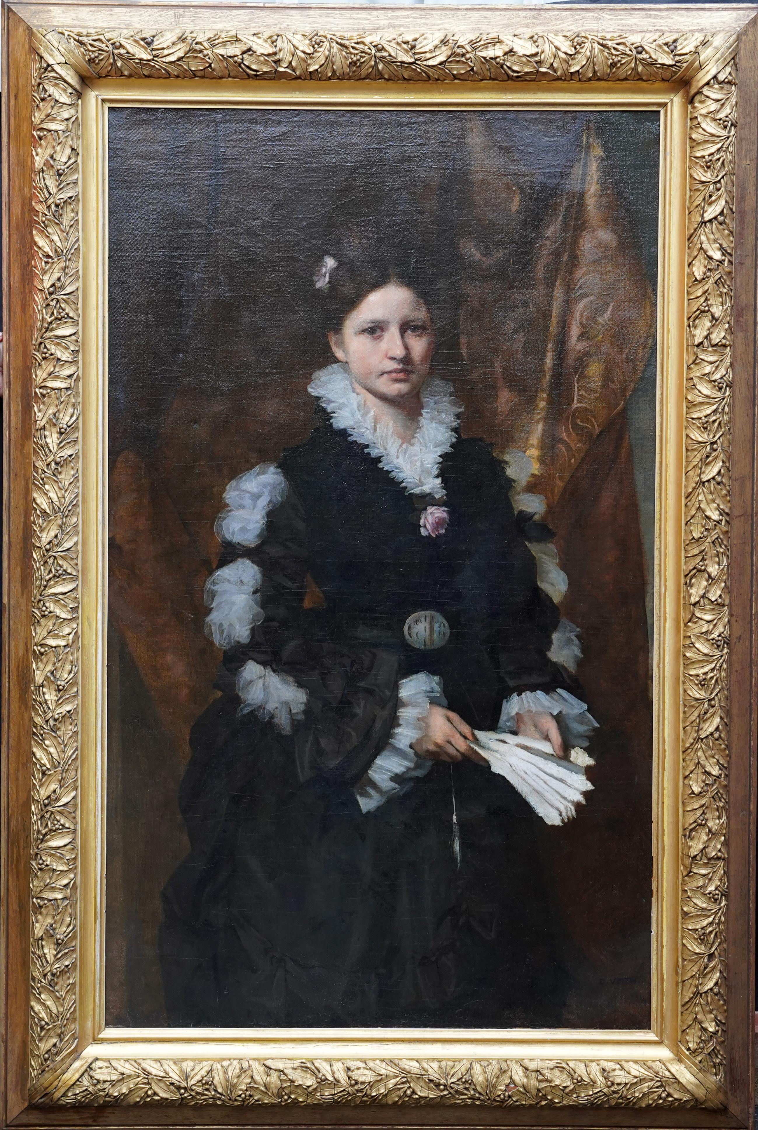 Portrait Painting Eduard Veith - Portrait d'une dame élégante - Symbolisme autrichien Peinture à l'huile du 19e siècle