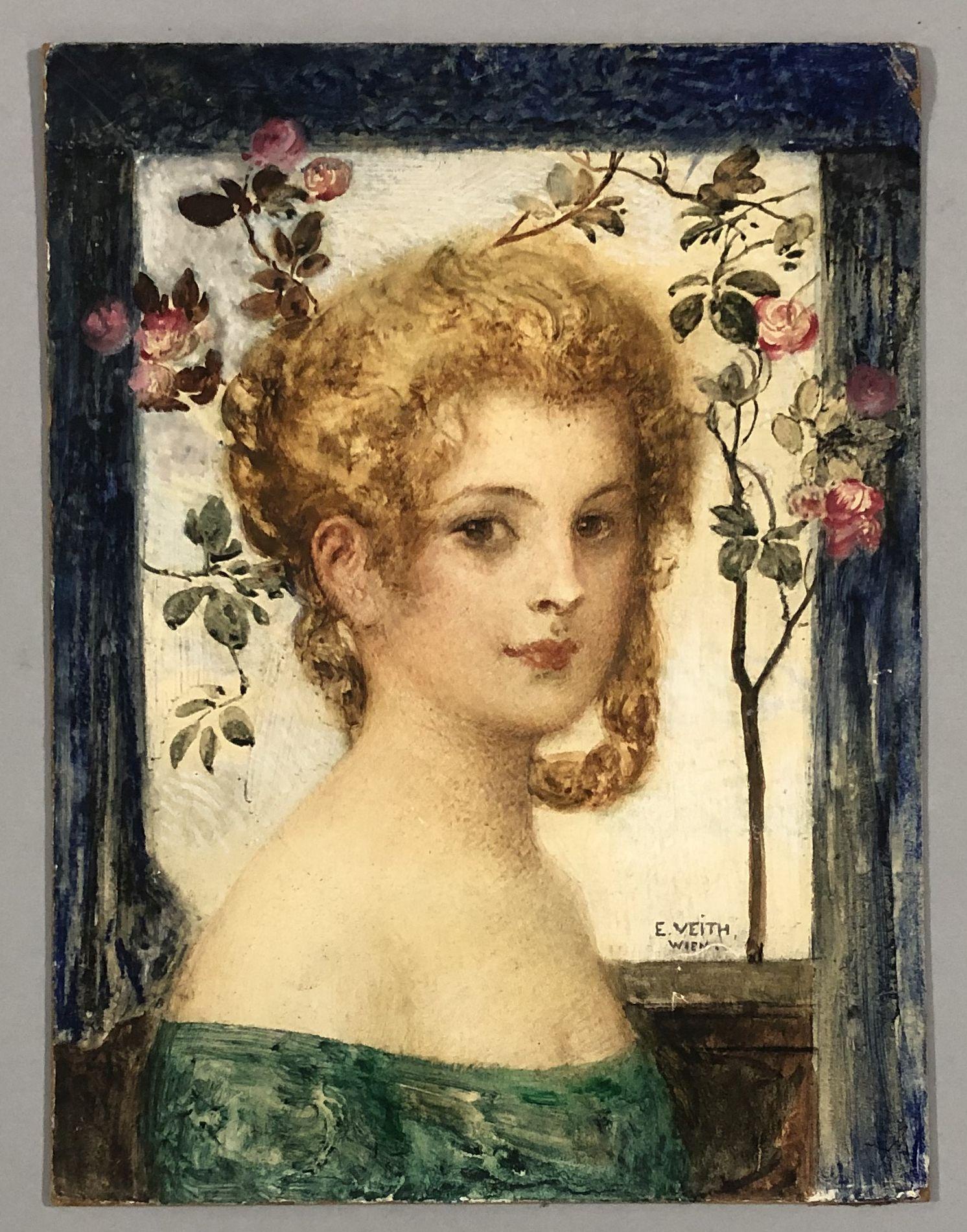 Jeune fille avec un arbre de roses, VEITH E. Huile sur panneau de carton. Signé et situé « Wien » - Symbolisme Painting par Eduard Veith