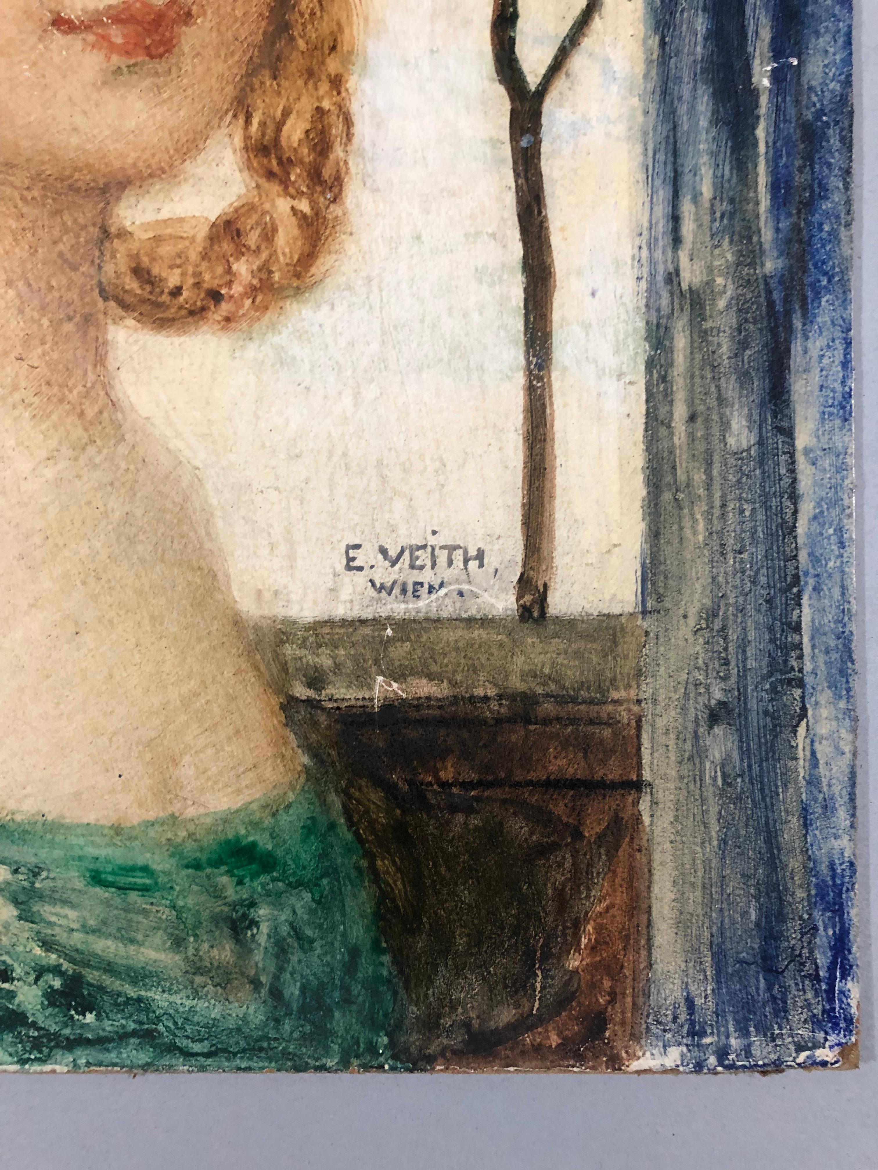 VEITH E. Junges Mädchen mit Rosenbaum. Öl auf Karton. Signiert und unterzeichnet mit „Wien“ (Symbolismus), Painting, von Eduard Veith