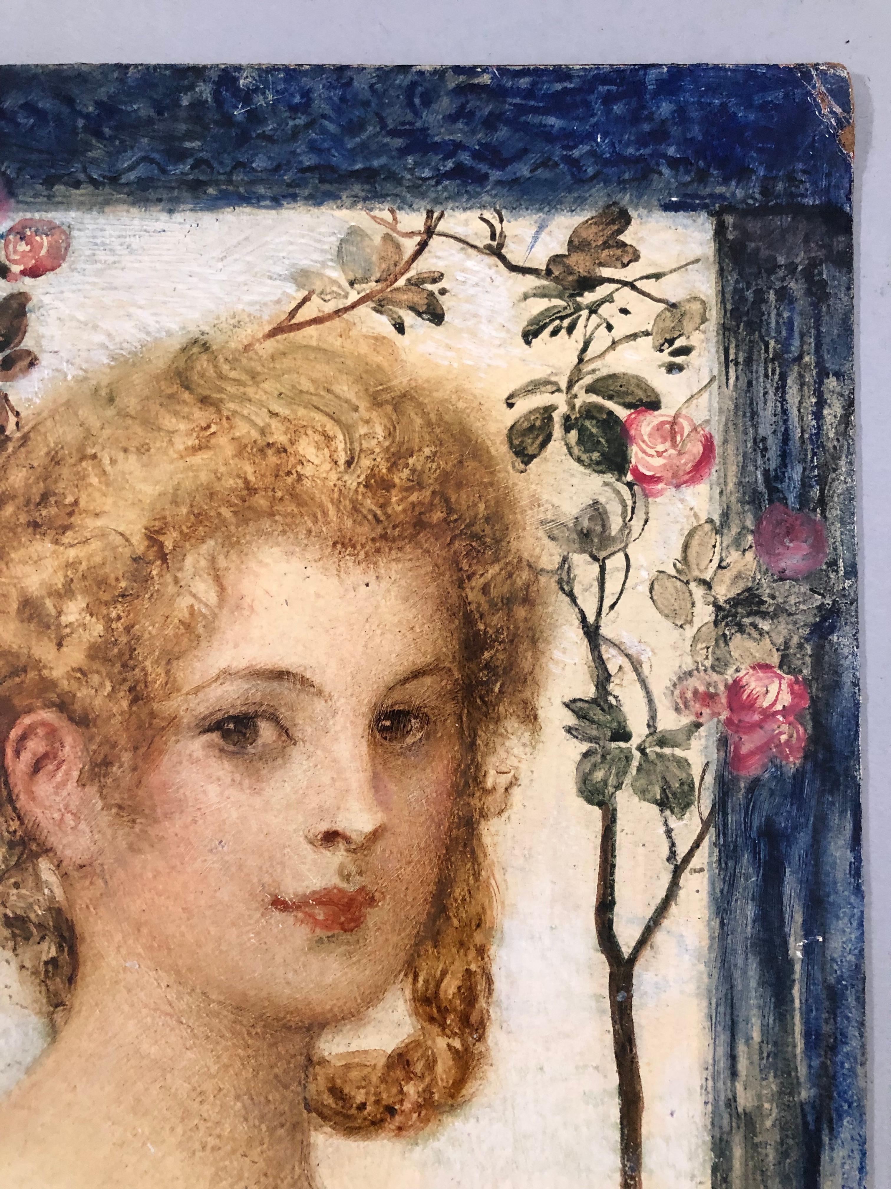 Jeune fille avec un arbre de roses, VEITH E. Huile sur panneau de carton. Signé et situé « Wien » en vente 1