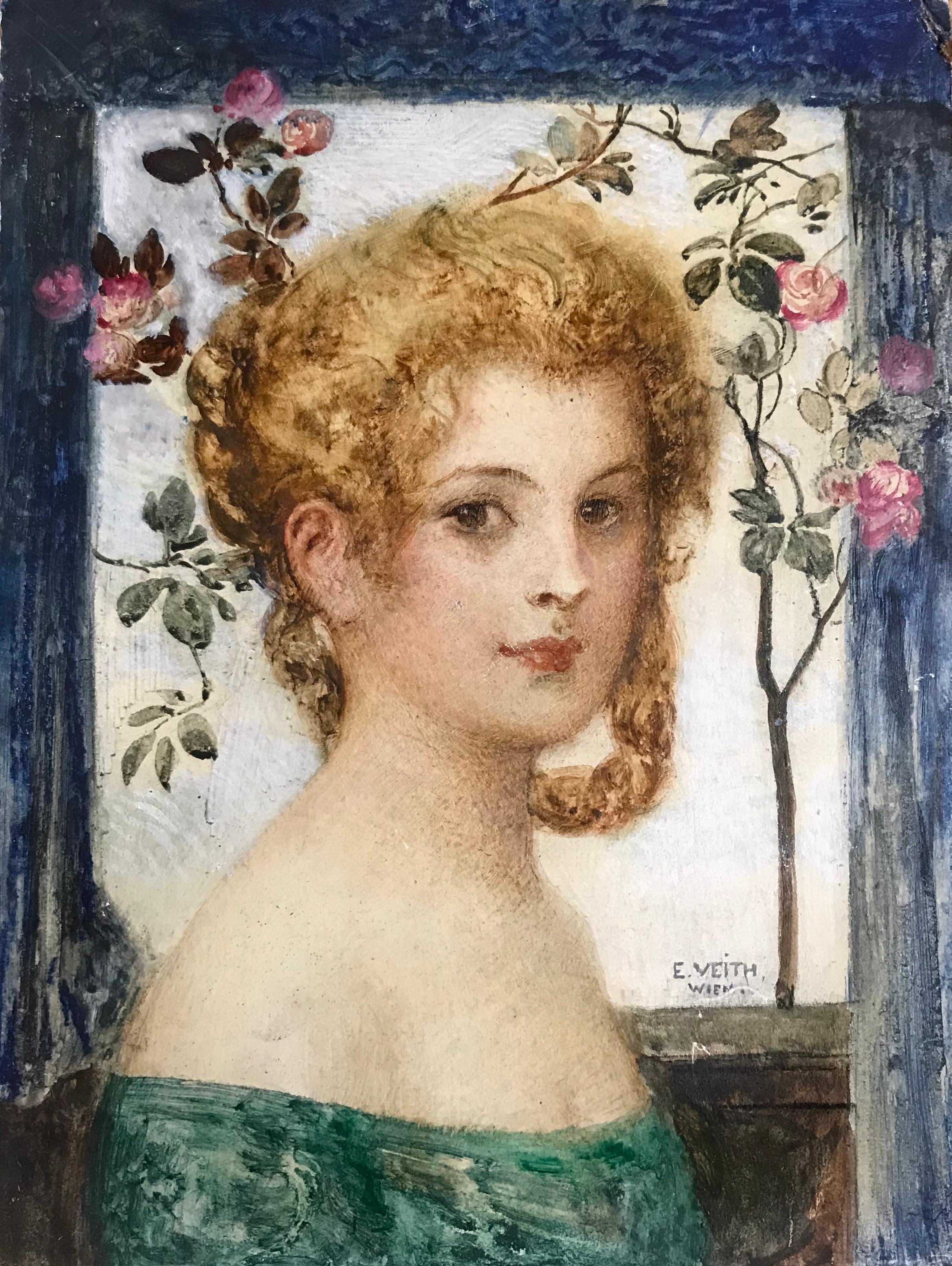 Jeune fille avec un arbre de roses, VEITH E. Huile sur panneau de carton. Signé et situé « Wien » - Painting de Eduard Veith