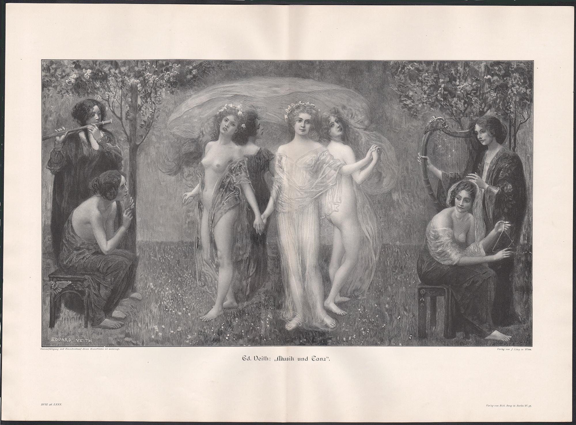 'Musik und Danz'

(Music and Dance)

German  wood-engraving, circa 1895. 

Central vertical fold as issued. 

Eduard Veith was an Austrian portrait painter and stage designer. Many of his works were influenced by Symbolism.

280mm by 480mm (image)