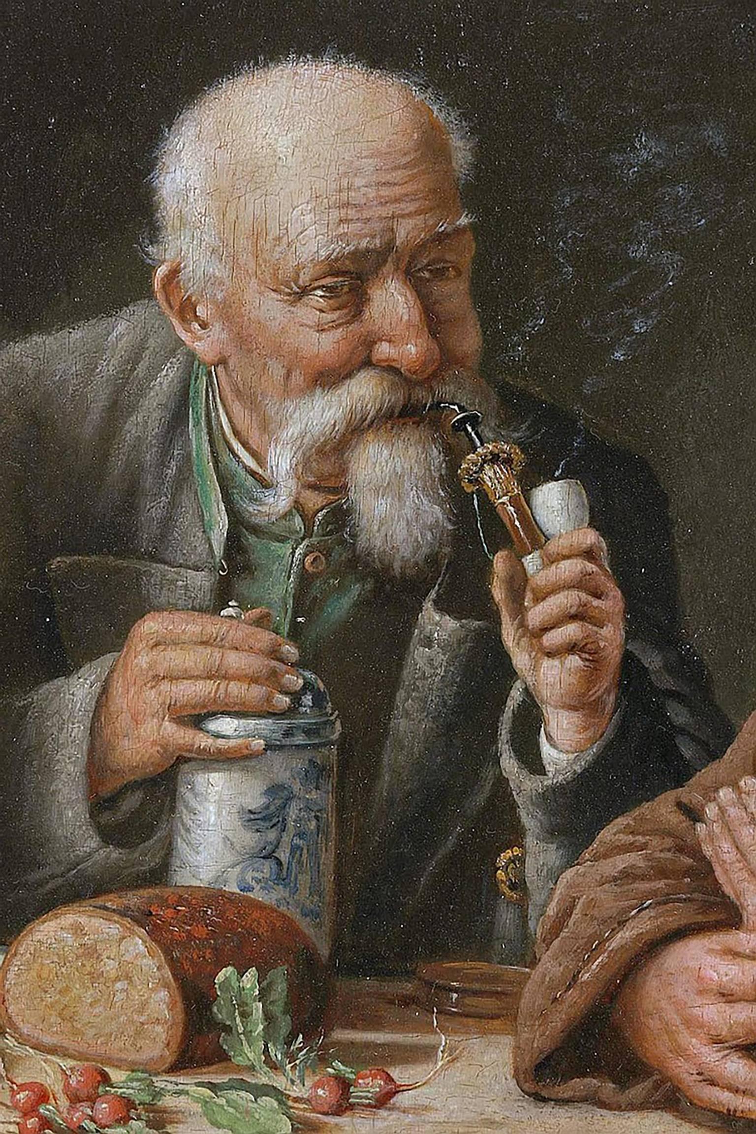 Remarkable 19th Century German School Interiorscape Oil Painting in the manner of Eduard von Grützner (1846 - 1925)  Oil on Panel  Signed by the artist in the lower right of canvas, but difficult to discern entire signature  Depicts monks drinking