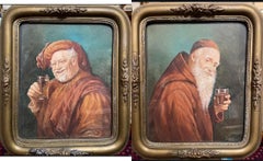 Pair of Artworks "Genre Painting Jovial Monk with a Drink"