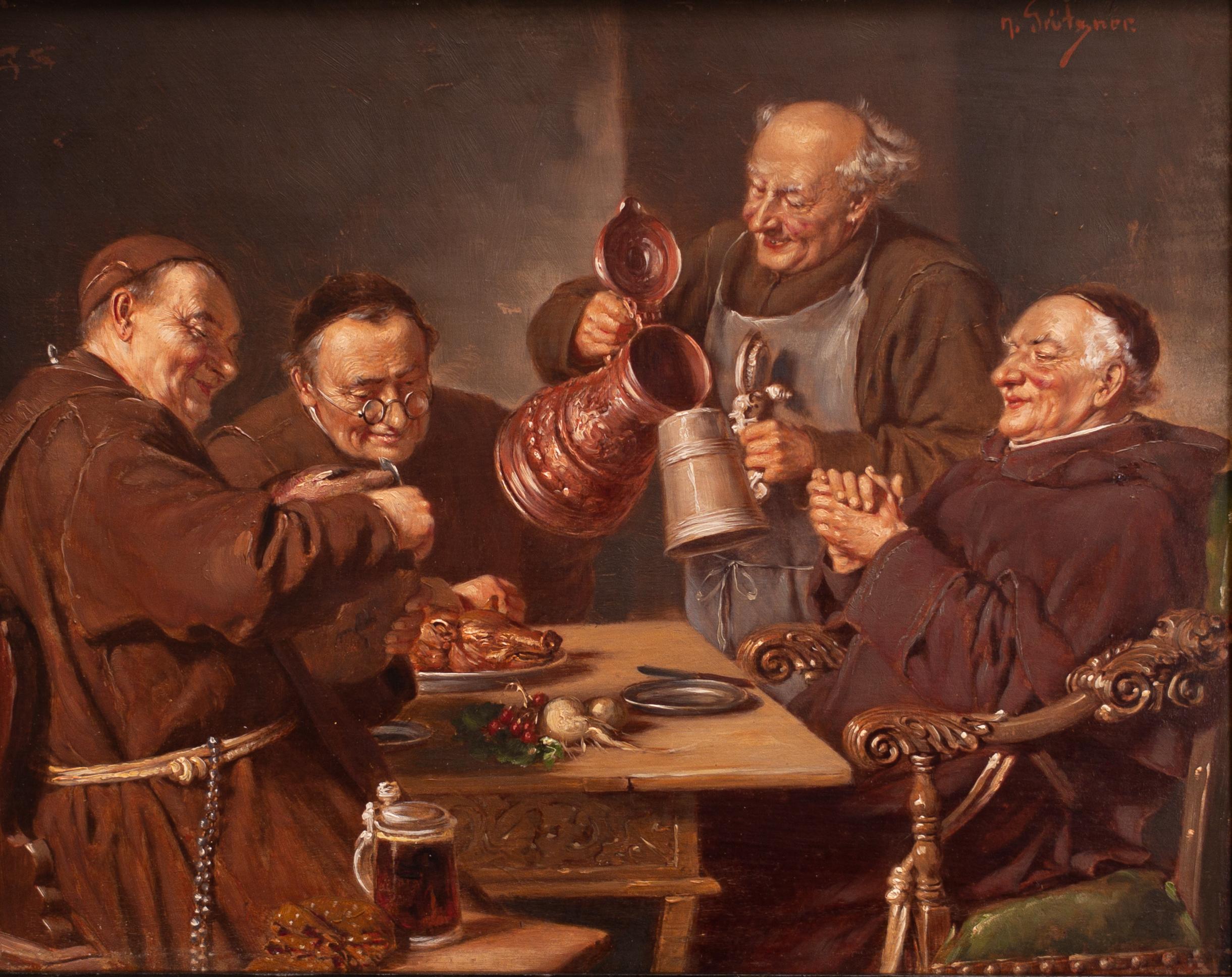 Monks Around a Table by a Follower of Eduard Von Grützner, Oil on Panel - Painting by Eduard von Grützner