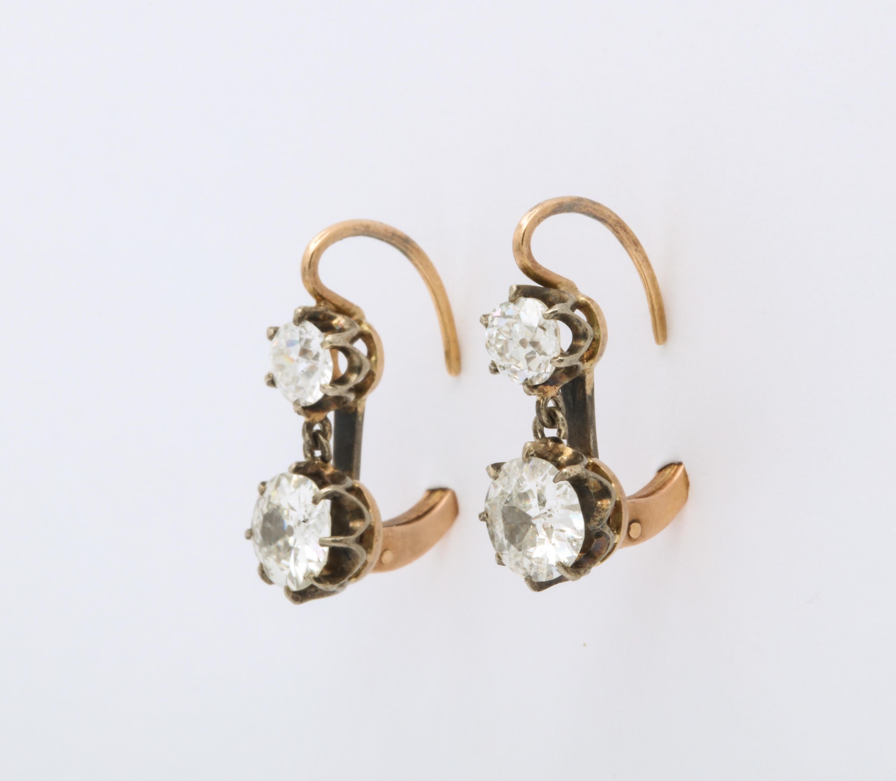 Women's Edwardian circa 1910 Two-Stone Diamond Drop Gold Earrings with French Backs