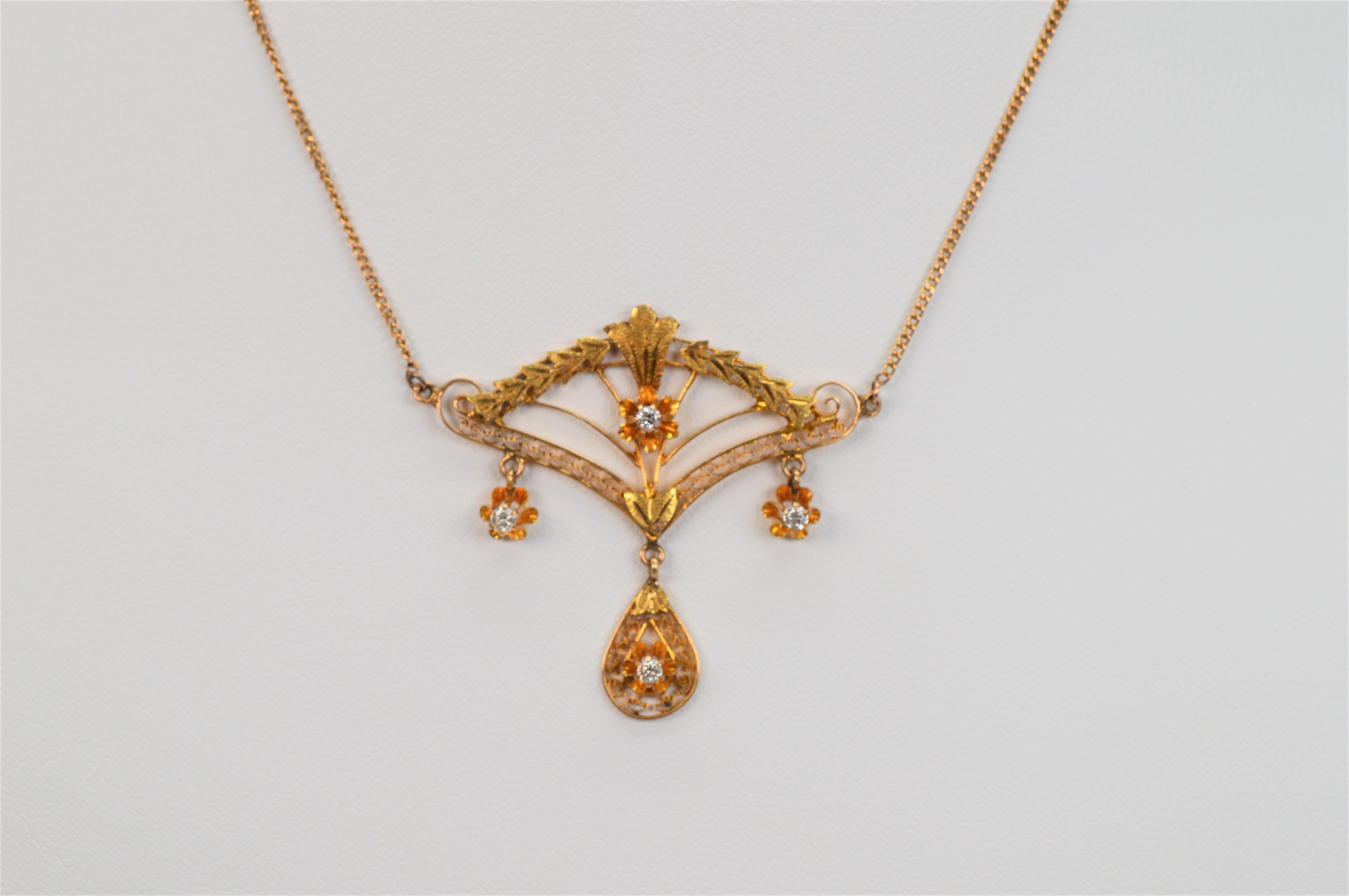 antique old mine diamond 22kt yellow gold enamel filigree hanging necklace