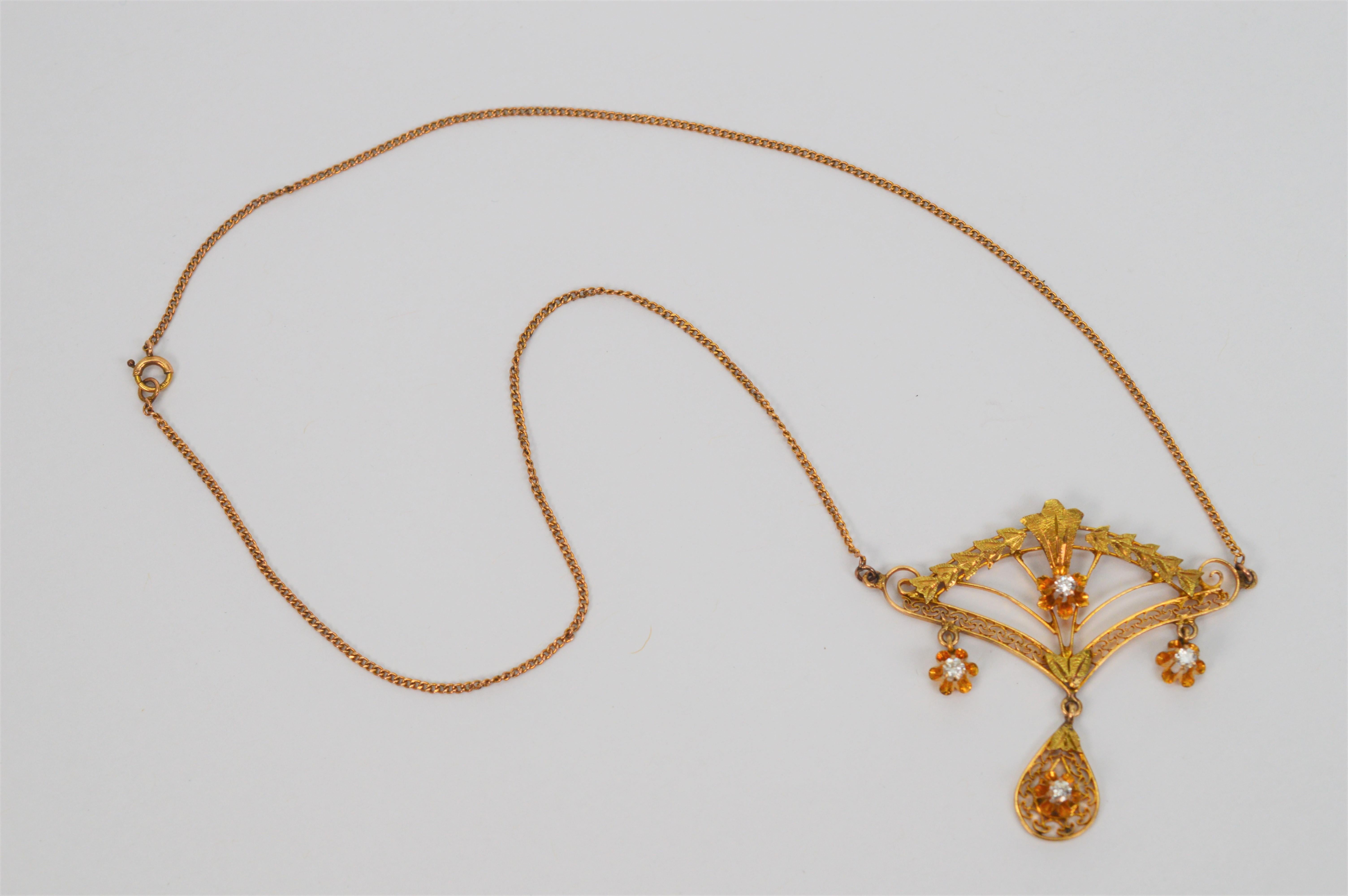 Edwardian Eduardian Style Gold Filigree Antique Pendant with Diamond Accents For Sale