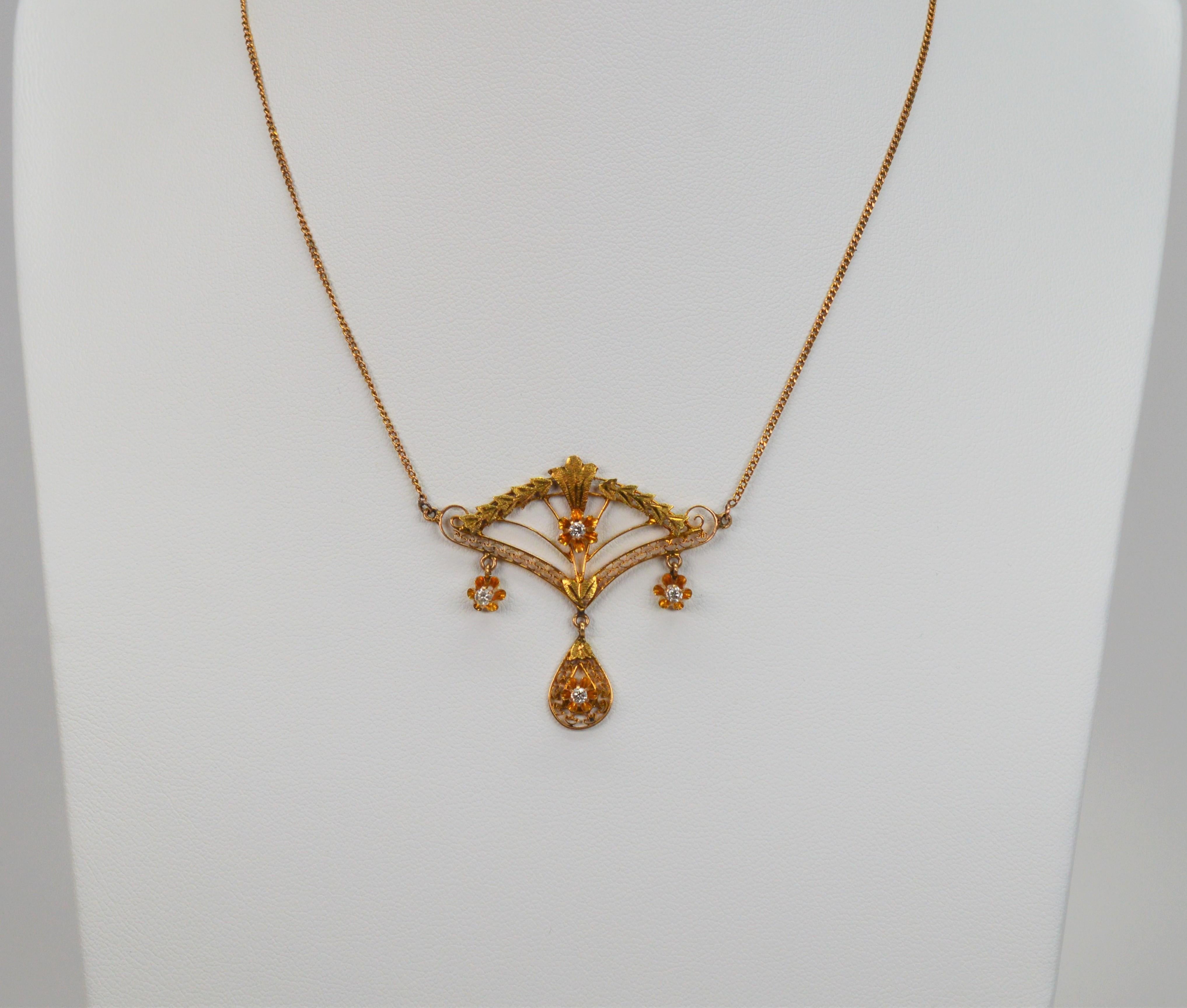 Eduardian Style Gold Filigree Antique Pendant with Diamond Accents In Good Condition For Sale In Mount Kisco, NY
