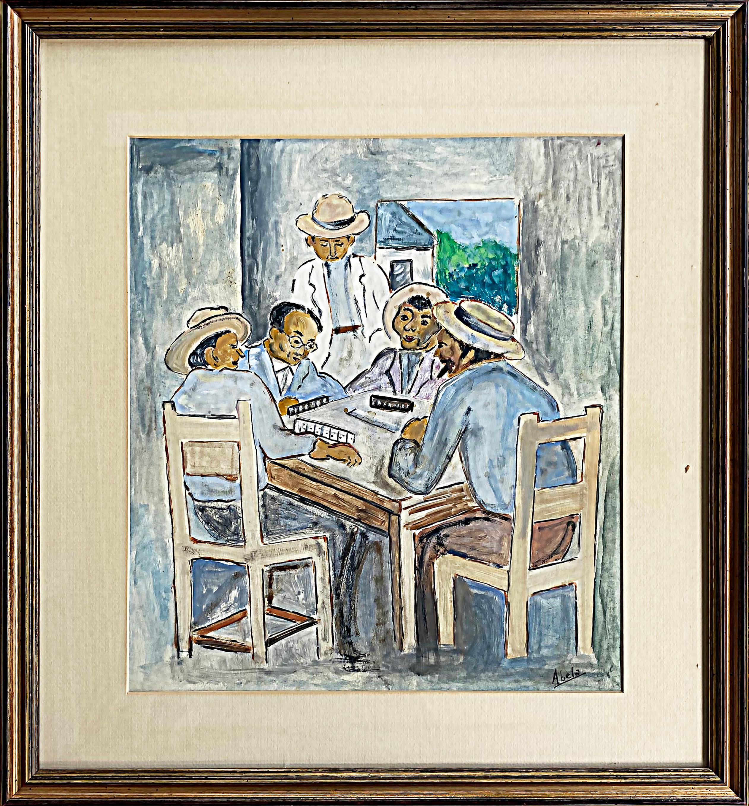 1930s Eduardo Abela Cuban Domino Players Painting, Gouache with Drawing

Offered for sale is an Eduardo Abela (Cuba, 1889-1965) drawing with gouache painting of a typical Cuban folk art scene of men sitting around a table with their large brimmed