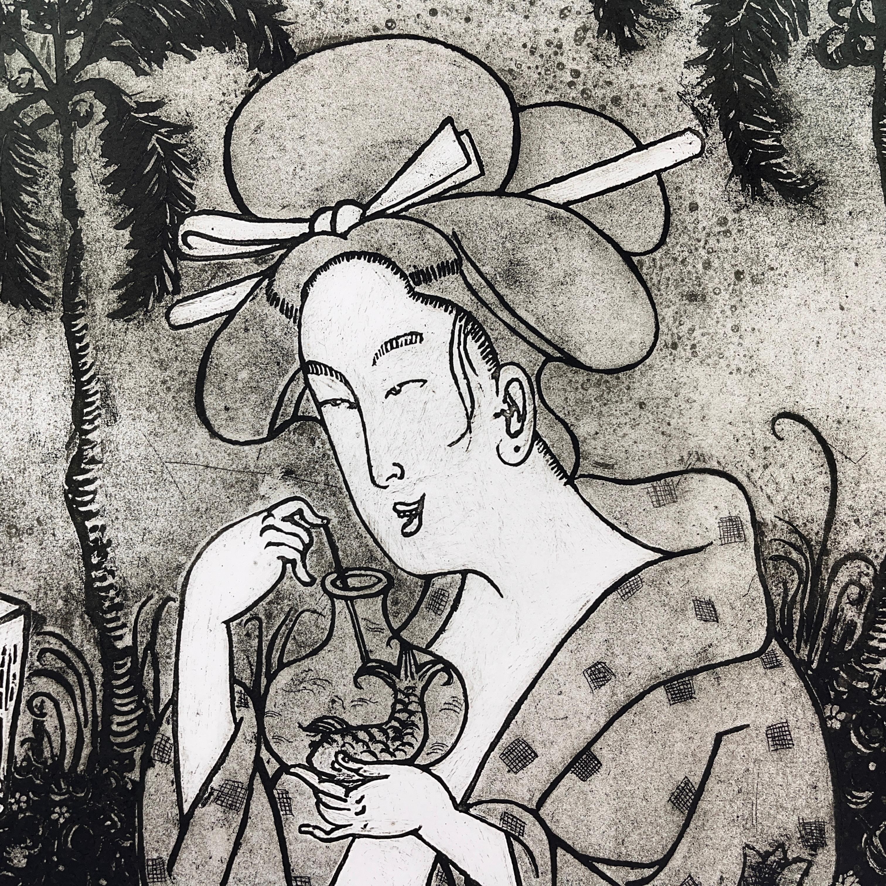EDUARDO ABELA gravure originale cubaine signée Geisha skull tequila art print - Print de Eduardo Abela