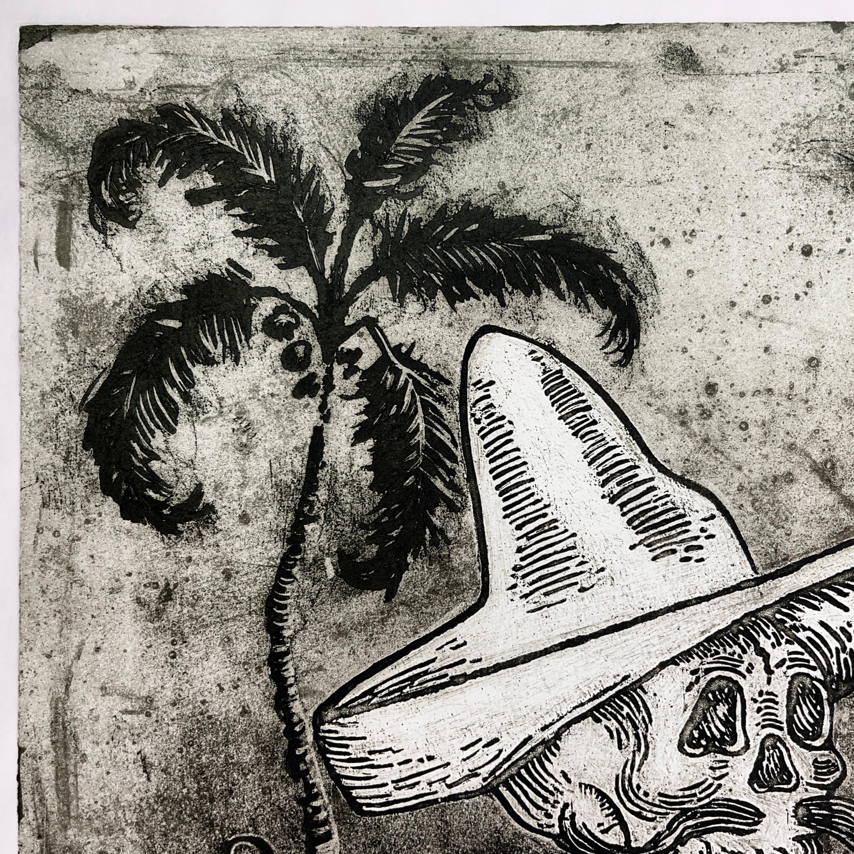 EDUARDO ABELA gravure originale cubaine signée Geisha skull tequila art print - Contemporain Print par Eduardo Abela