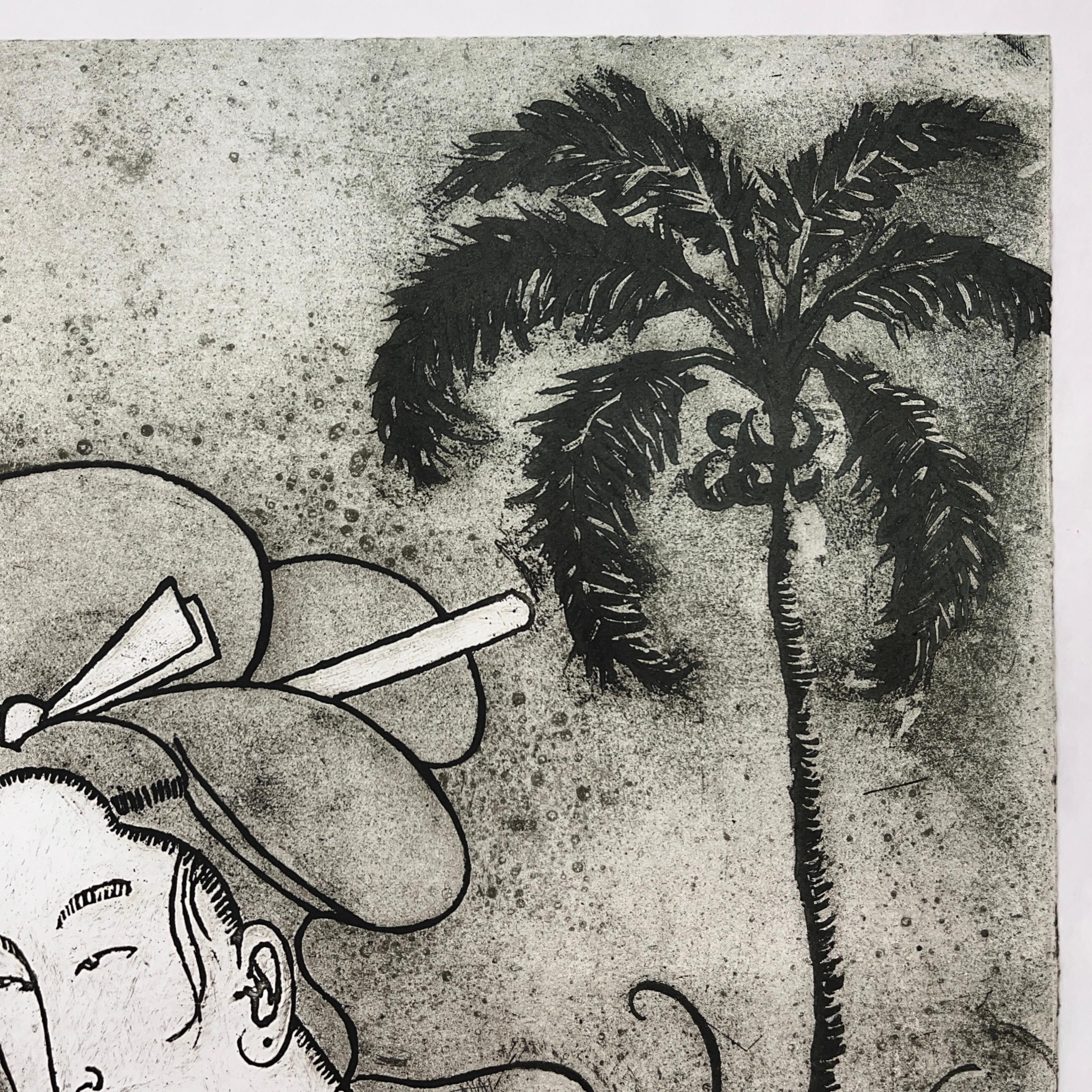 EDUARDO ABELA gravure originale cubaine signée Geisha skull tequila art print - Gris Figurative Print par Eduardo Abela