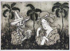 EDUARDO ABELA Cuban signed original engraving Geisha skull tequila art print