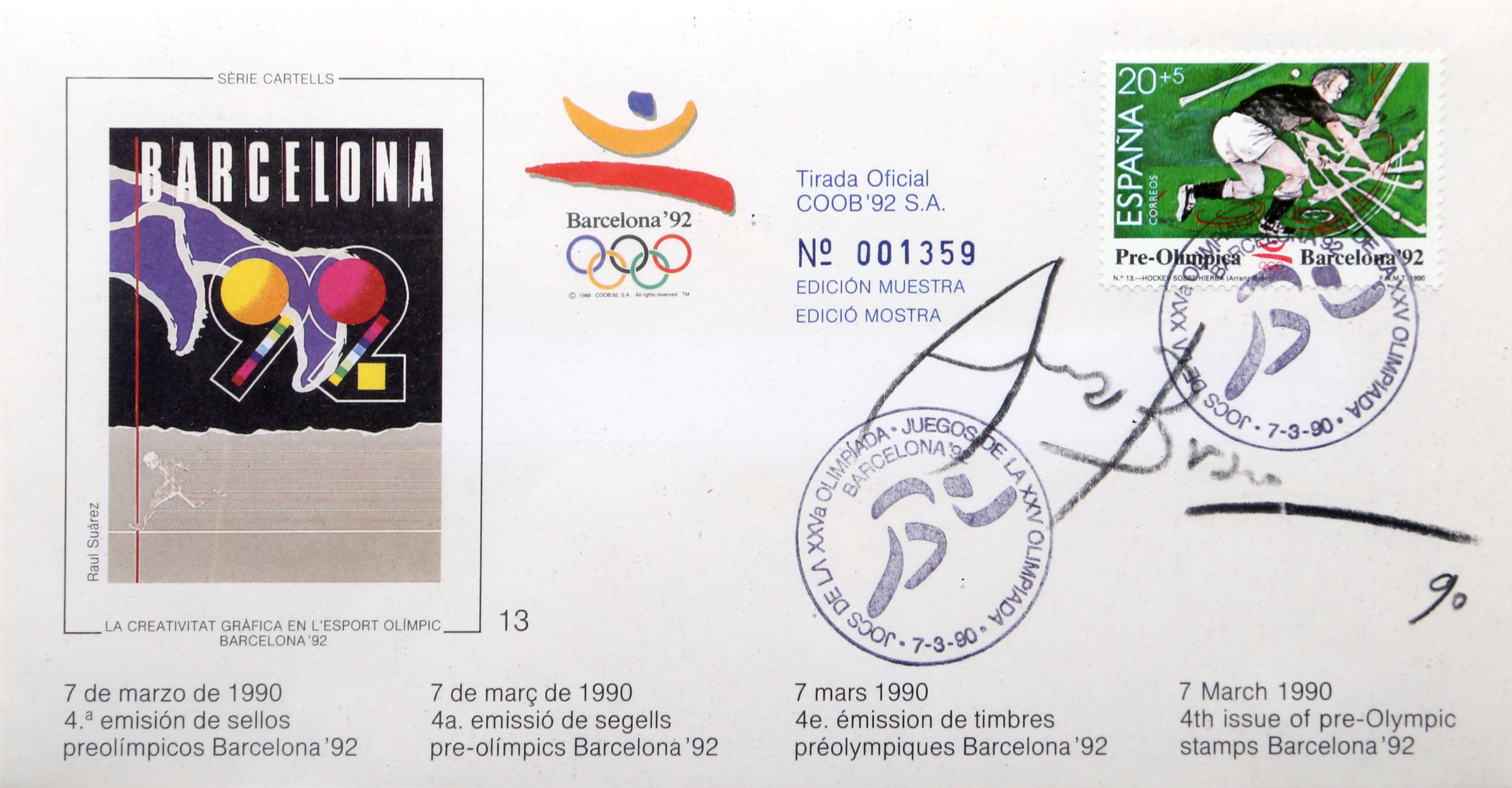 Barcelona Pre-Olympic Stamp 1, Mixed Media on Paper by Eduardo Arranz-Bravo For Sale 1