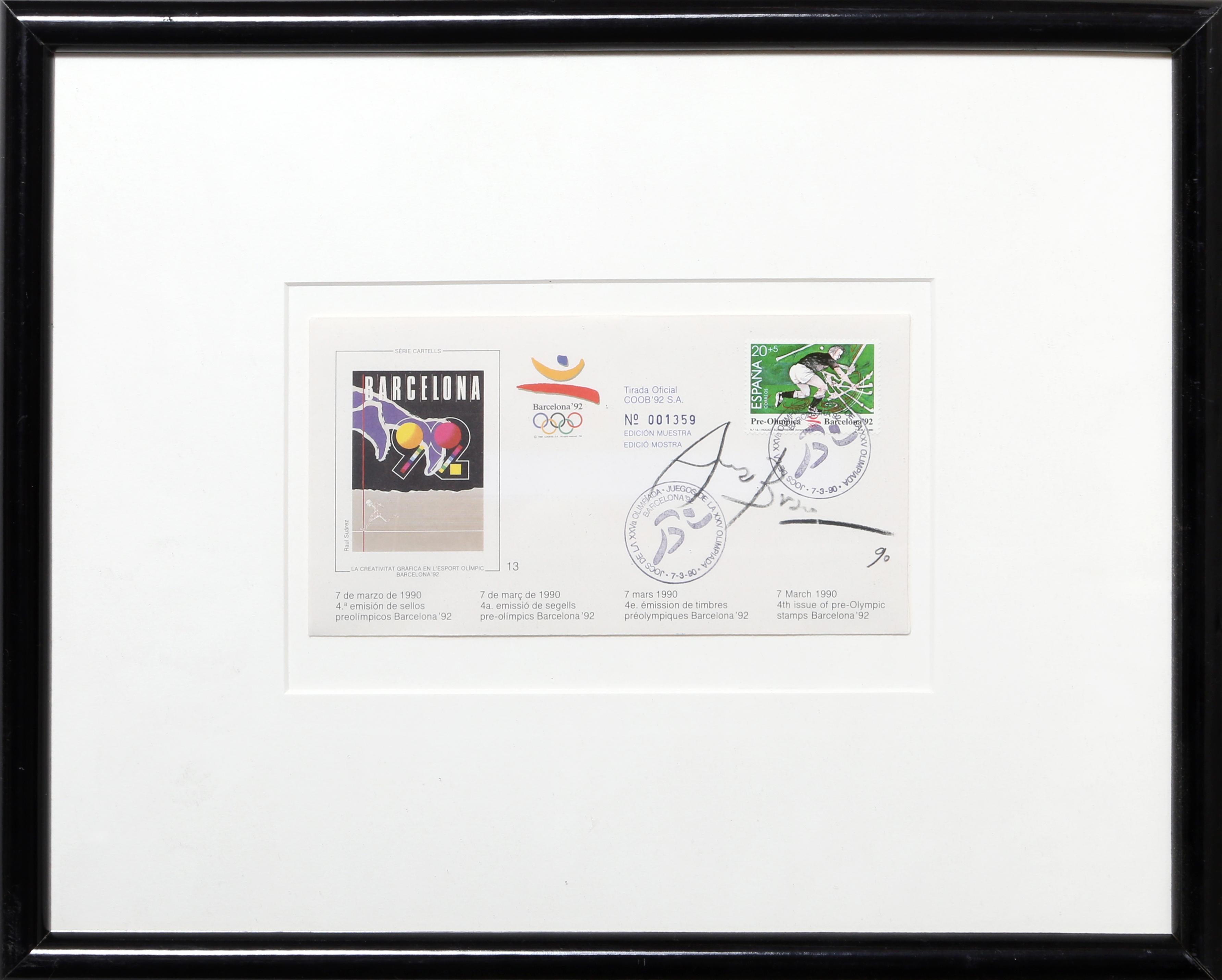 Pre-Olympic stamps created for the ‘92 Barcelona Olympics by Spanish artist Eduardo Arranz Bravo.

Barcelona Pre-Olympic Stamp 1
Eduardo Arranz-Bravo, Spanish (1941)
Date: 1990
Mixed Media on Paper, signed
Edition of 4th Issue
Size: 3.75 x 7.25 in.