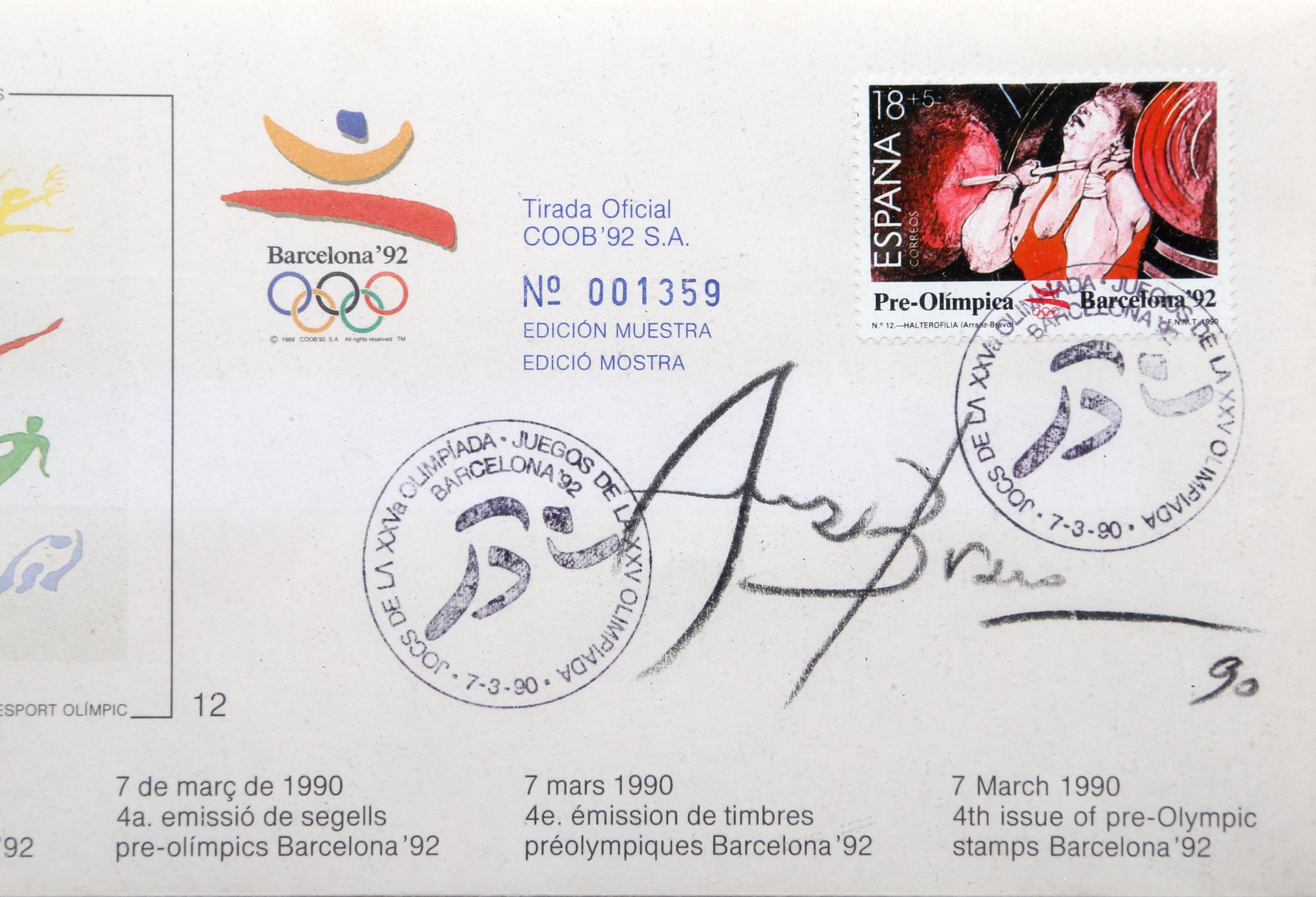 Barcelona Pre-Olympic Stamp 2, Mixed Media on Paper by Eduardo Arranz-Bravo For Sale 1