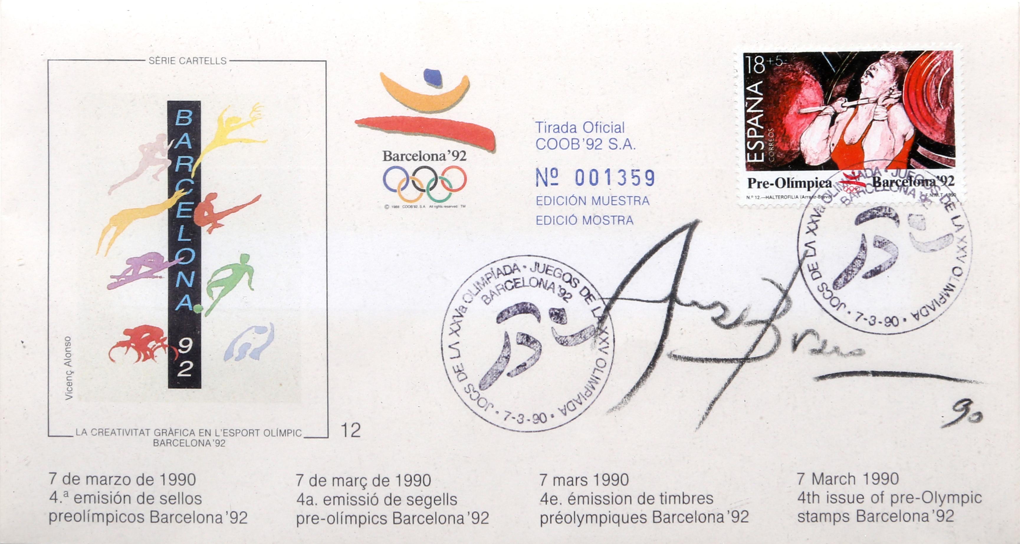 Barcelona Pre-Olympic Stamp 2, Mixed Media on Paper by Eduardo Arranz-Bravo For Sale 2