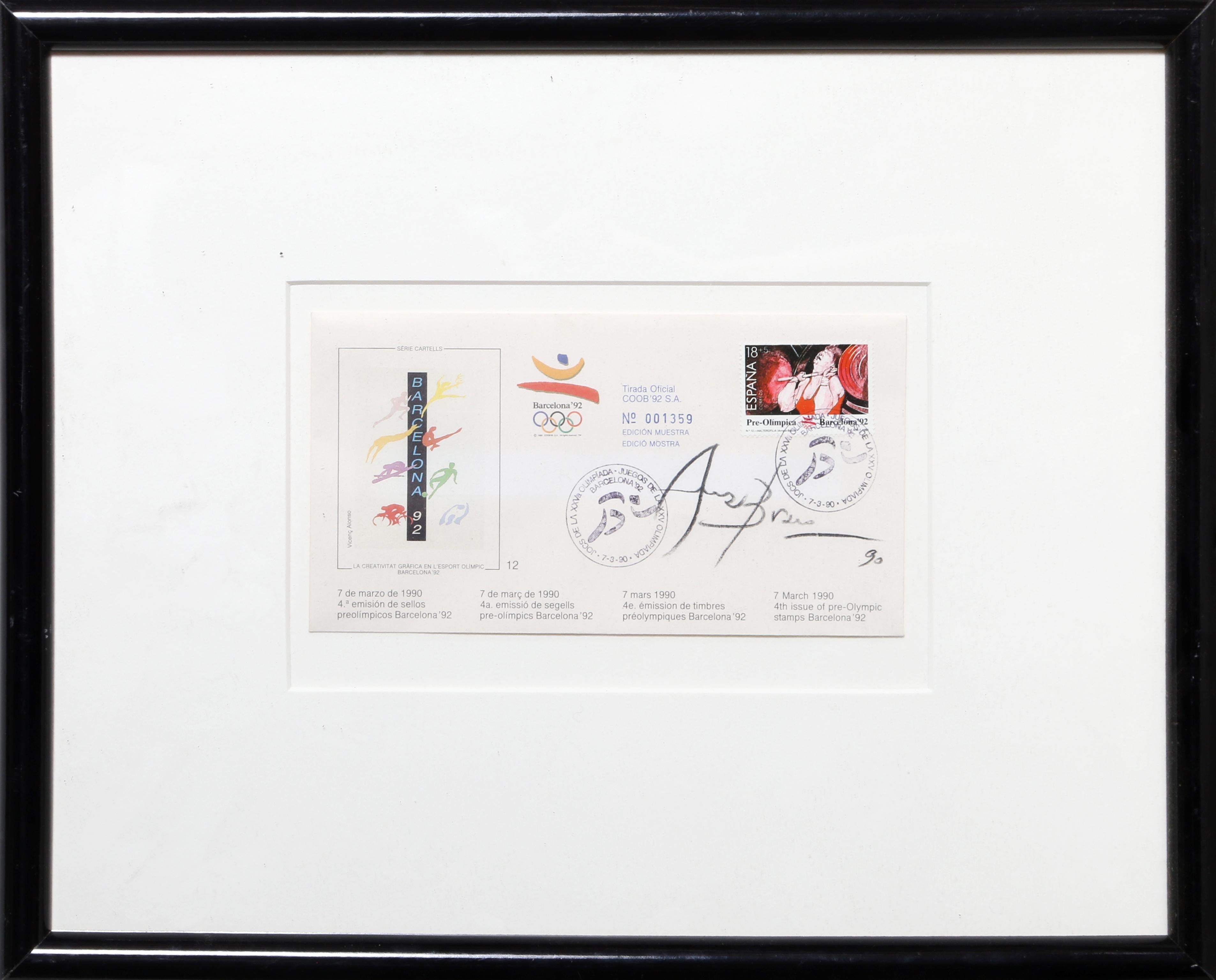 Pre-Olympic stamps created for the ‘92 Barcelona Olympics by Spanish artist Eduardo Arranz Bravo.

Barcelona Pre-Olympic Stamp 2
Eduardo Arranz-Bravo, Spanish (1941)
Date: 1990
Mixed Media on Paper, signed
Edition of 4th Issue
Size: 3.75 x 7.25 in.