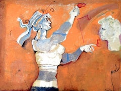 Femme Tête d'homme Deux poires et fond orange abstrait surréaliste 1967 huile