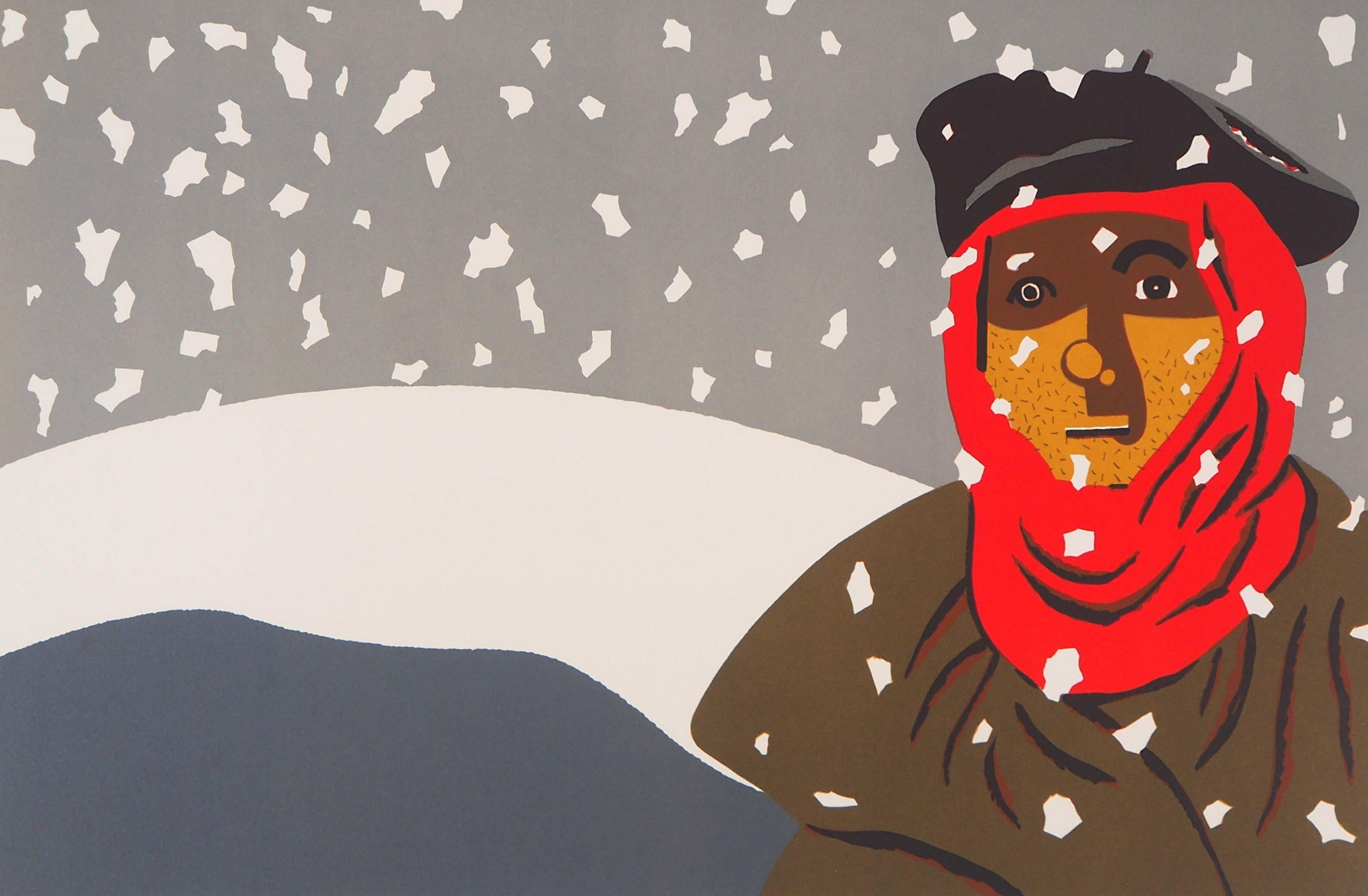 Une journée d'hiver - Lithographie originale signée à la main - Gris Figurative Print par Eduardo Arroyo