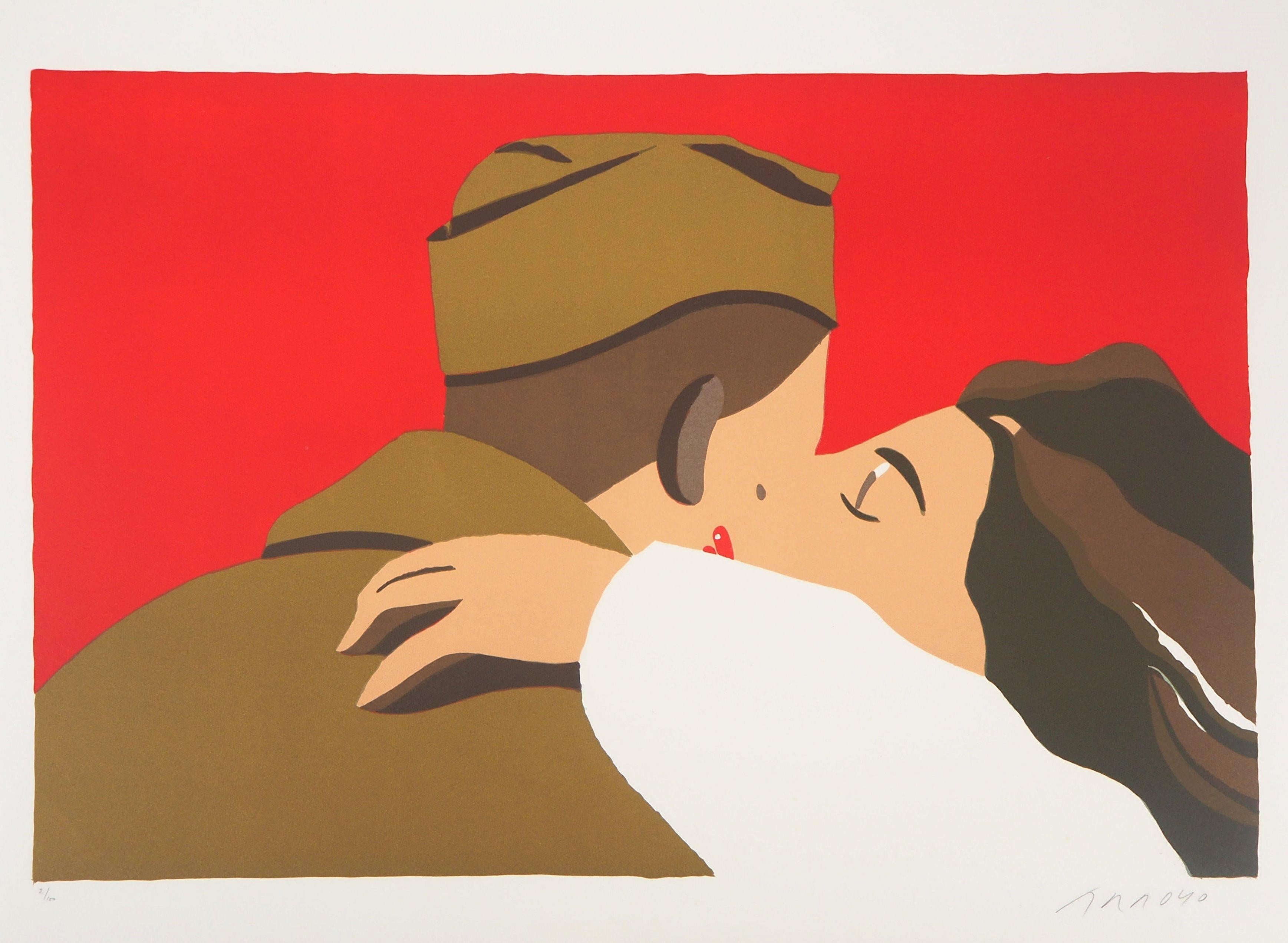 G.I. (The Goodbye Kiss) - Original Handsigned Lithograph - Red Figurative Print by Eduardo Arroyo