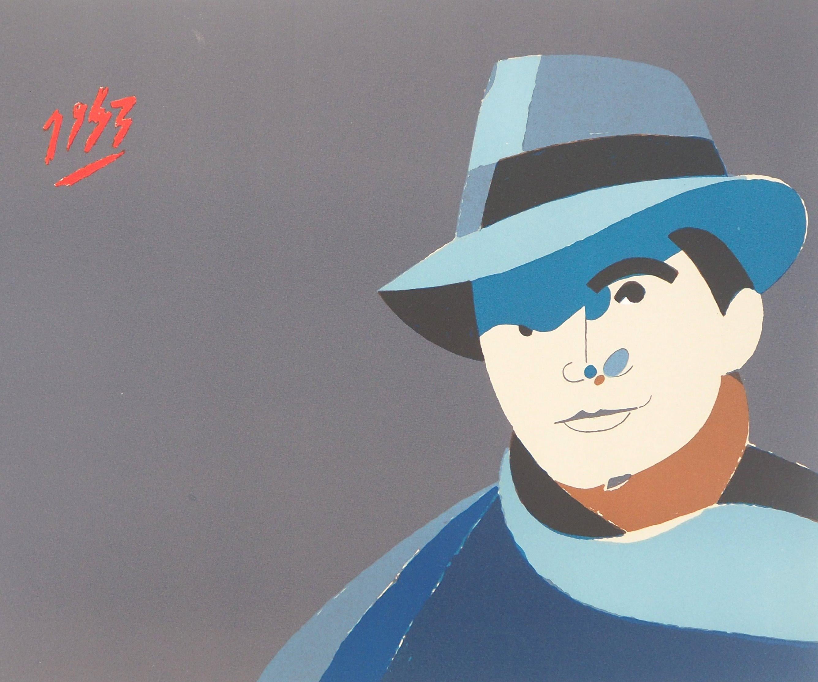 Jean Moulin, Man with Hat - Original Handsigned Lithograph - Gray Figurative Print by Eduardo Arroyo