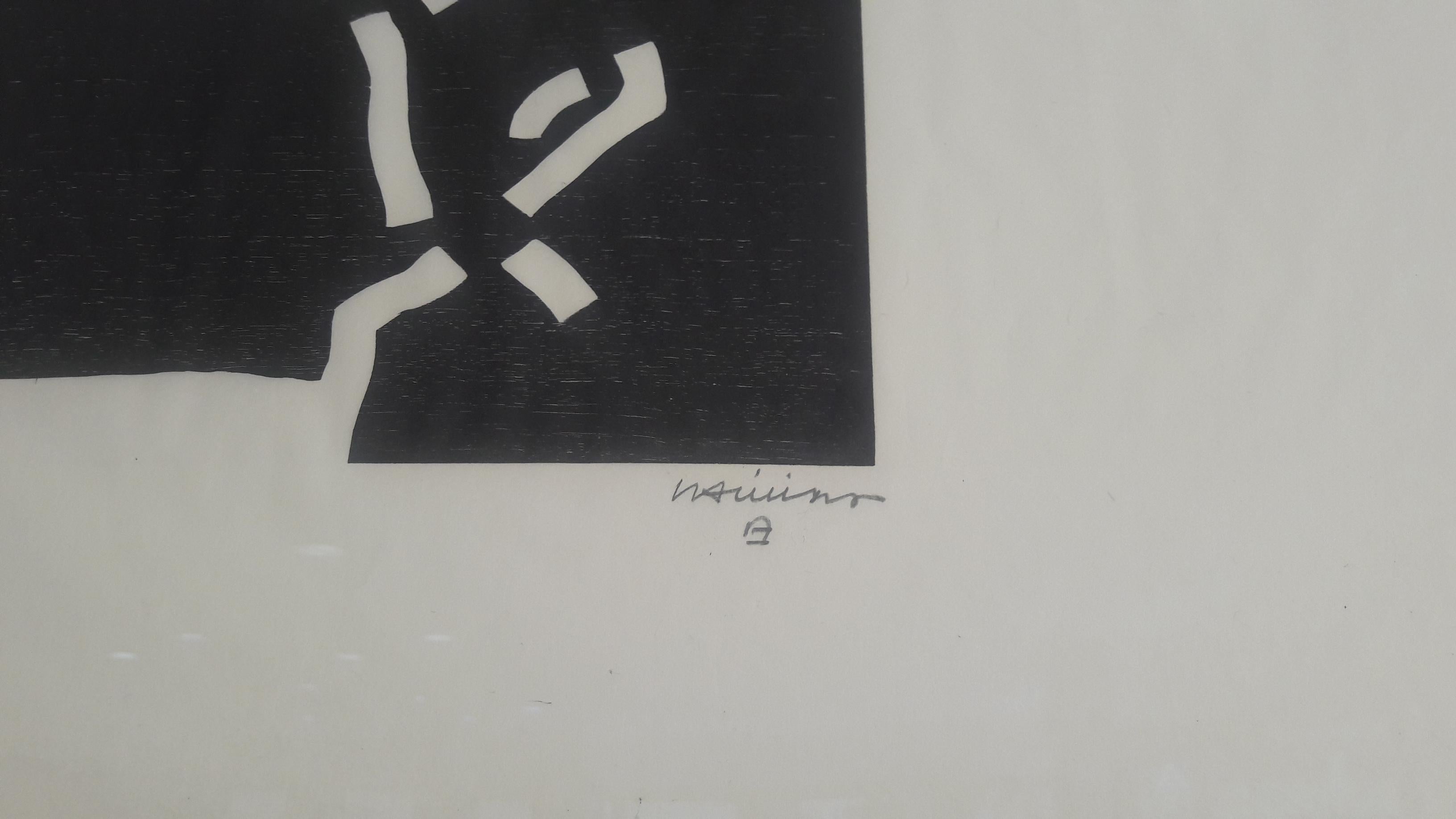 Beltza 2 Schwarz Black White Chillida Labyrinths Abstract Contemporary Woodcut For Sale 1