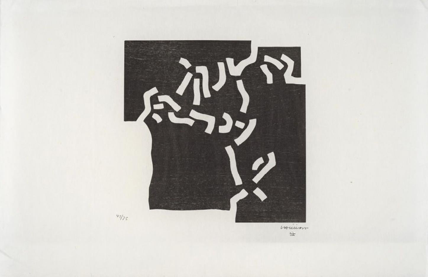 Eduardo Chillida Abstract Print - Beltza 2 Schwarz Black White Chillida Labyrinths Abstract Contemporary Woodcut