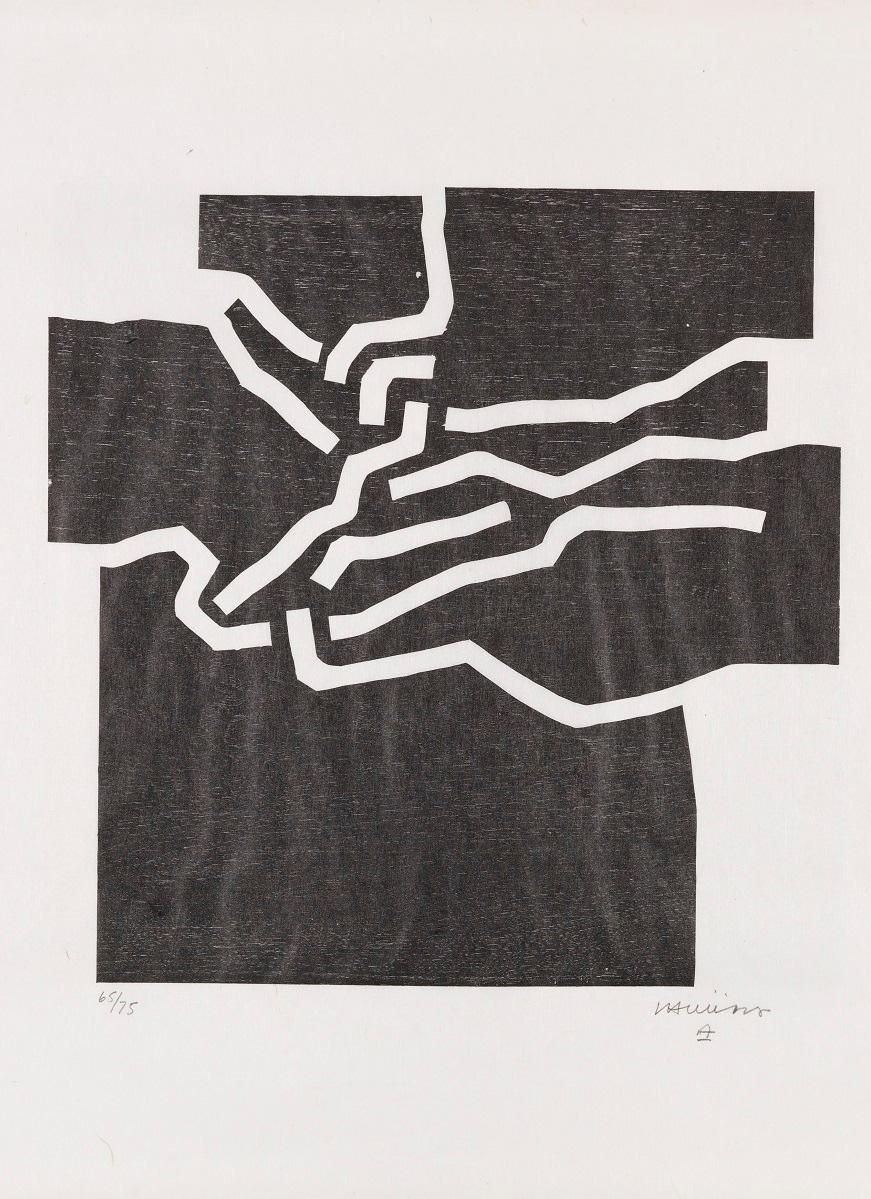 Beltza 4 Schwarz Black White Chillida Labyrinths Abstract Woodcut Contemporary - Abstract Geometric Print by Eduardo Chillida